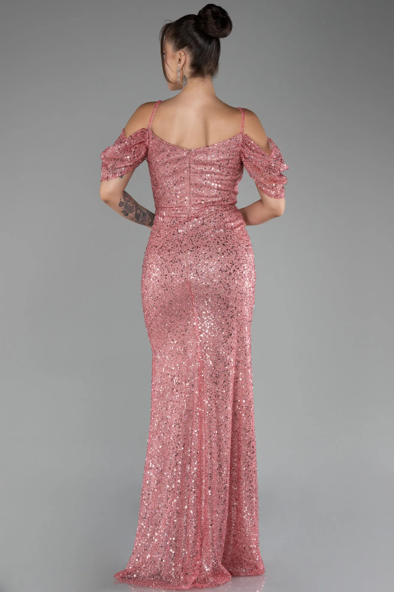 Pink-Boat Neck Long Scaly Plus Size Evening Gown ABU4082