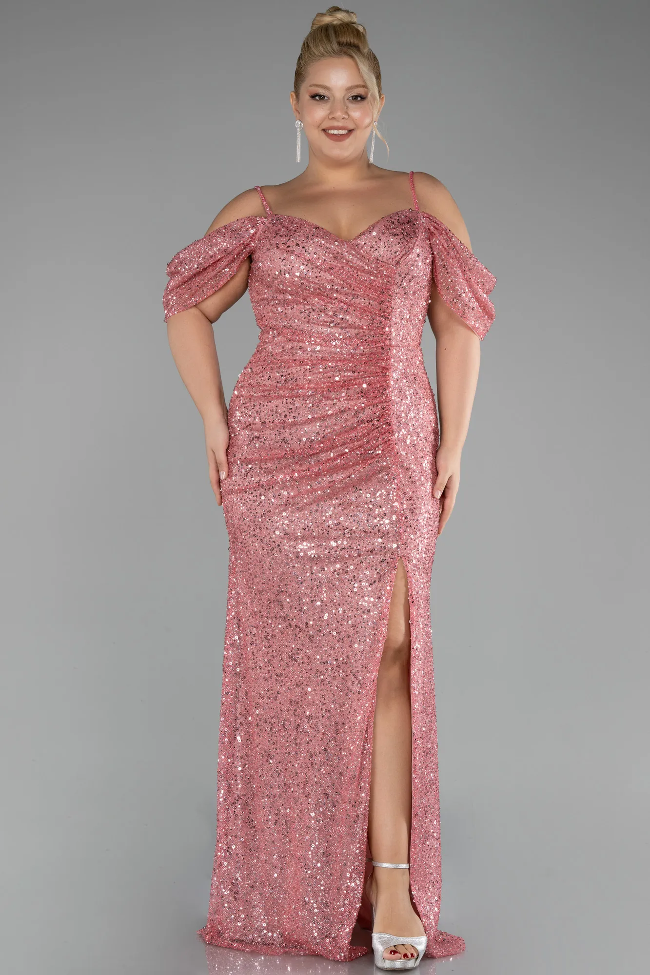 Pink-Boat Neck Long Scaly Plus Size Evening Gown ABU4083