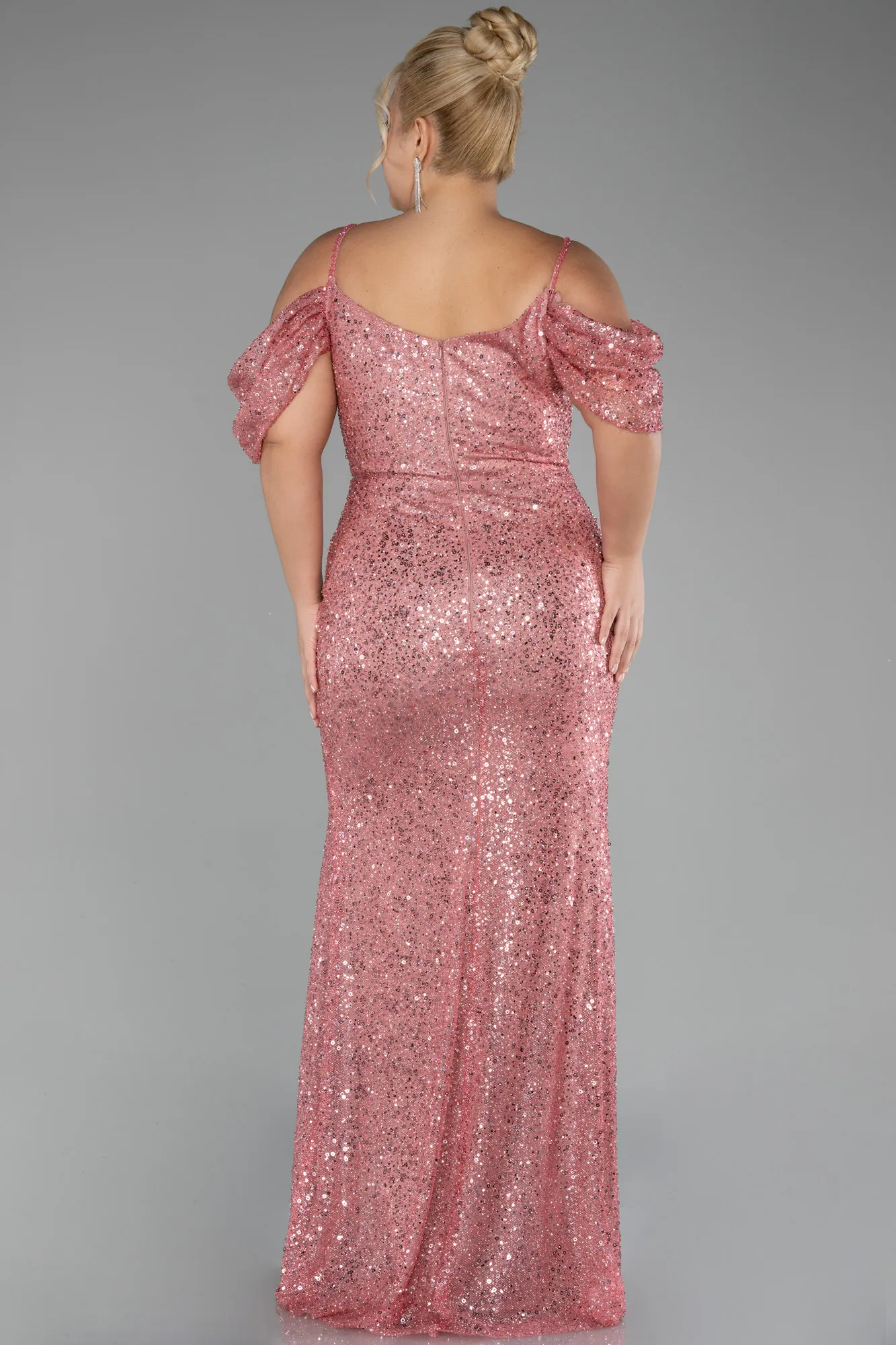 Pink-Boat Neck Long Scaly Plus Size Evening Gown ABU4083