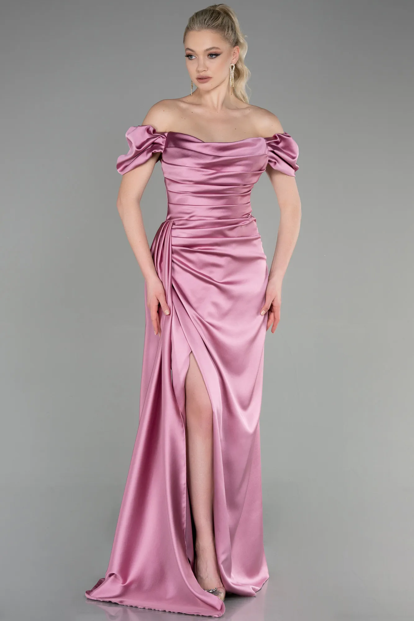 Pink-Long Satin Engagement Dress ABU1606