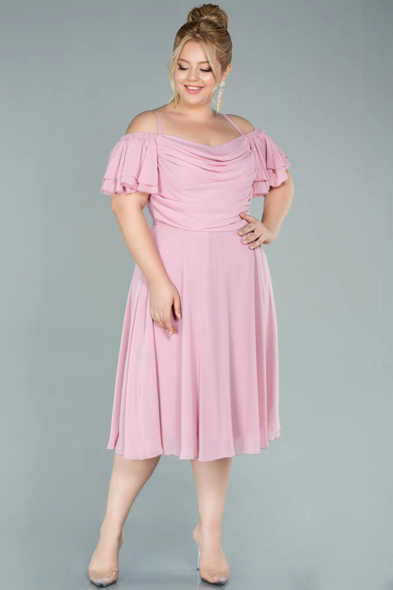 Pink-Midi Chiffon Plus Size Evening Dress ABK1475