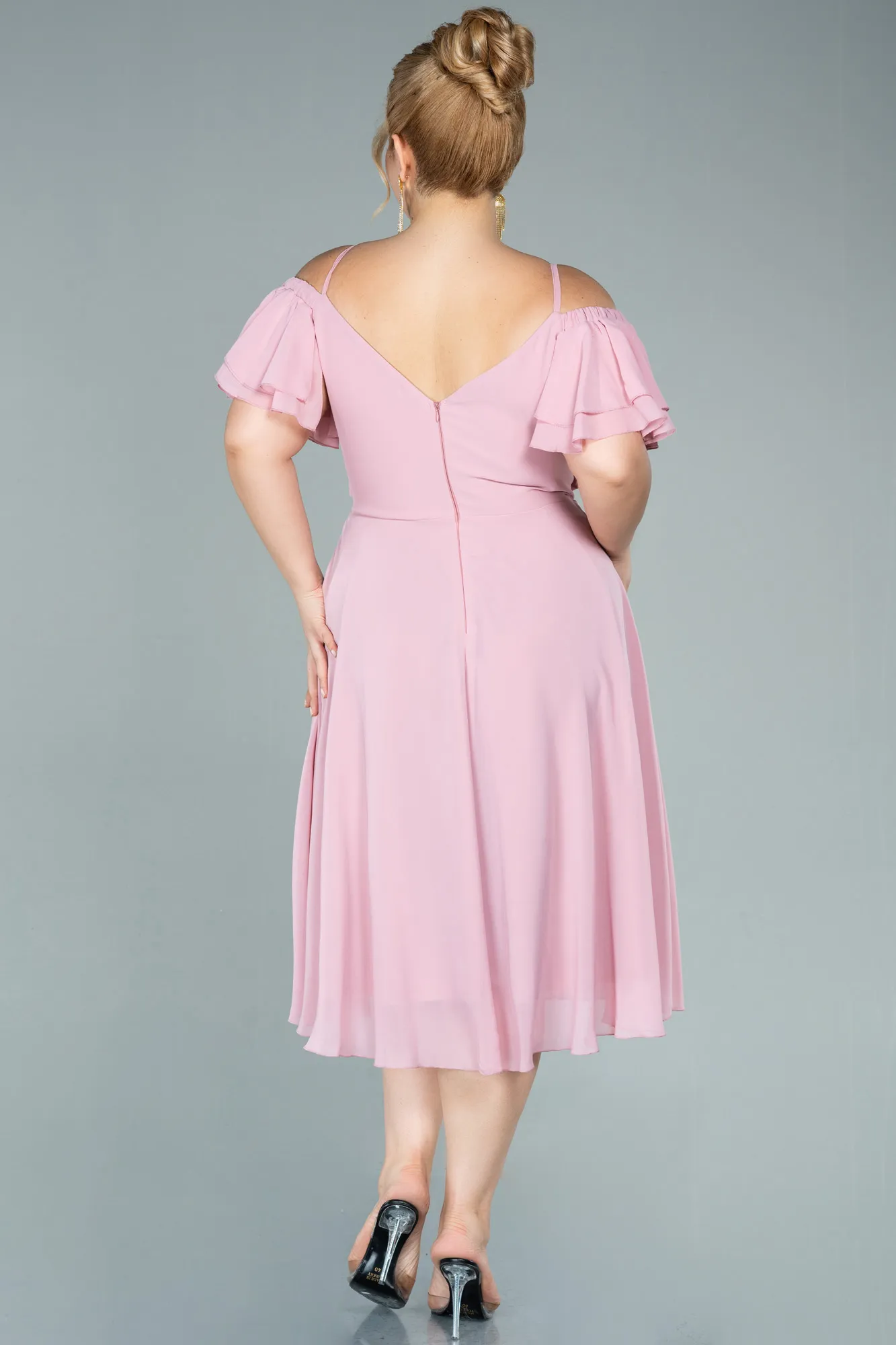 Pink-Midi Chiffon Plus Size Evening Dress ABK1475