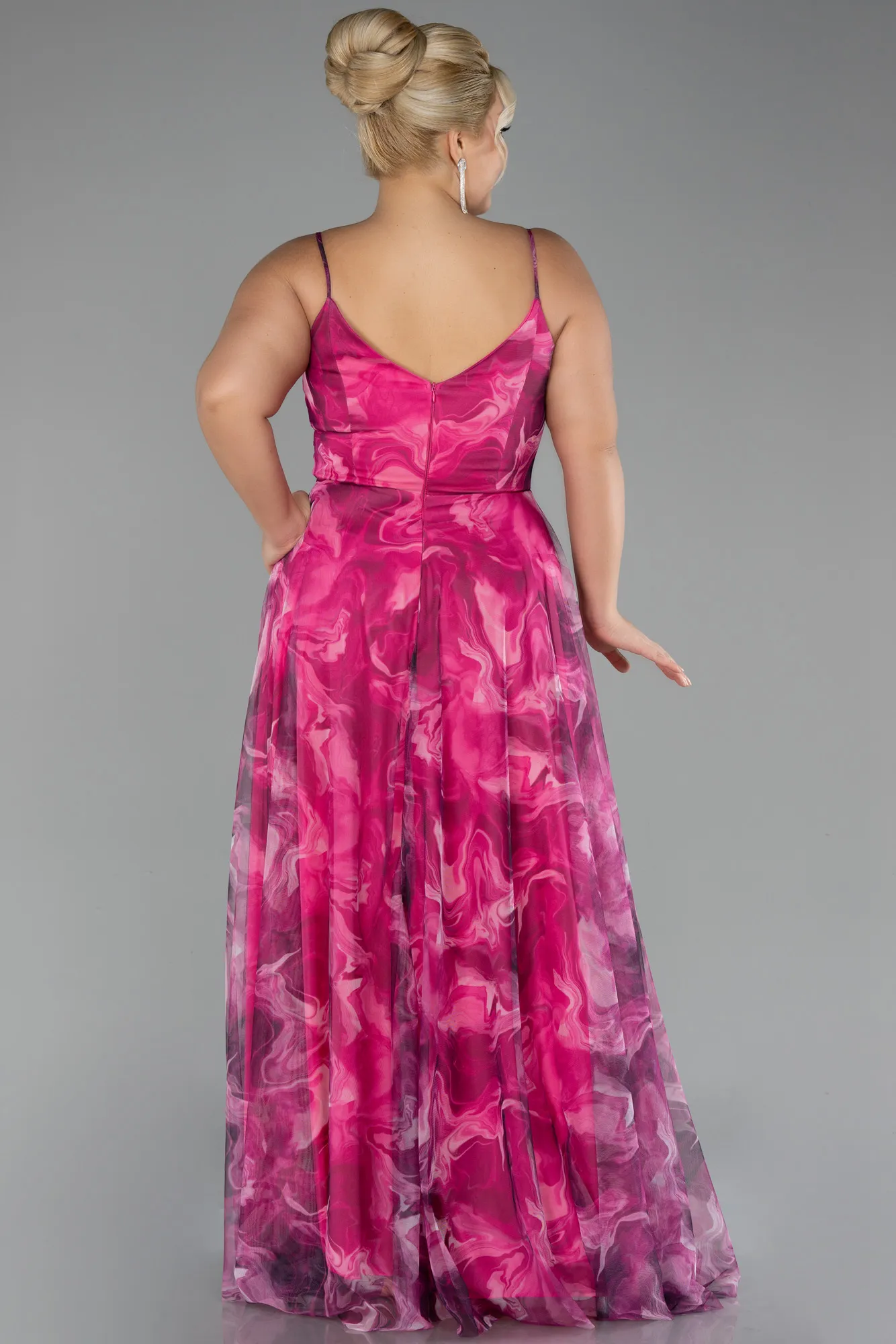 Pink-Slit Long Patterned Plus Size Prom Dress ABU4355