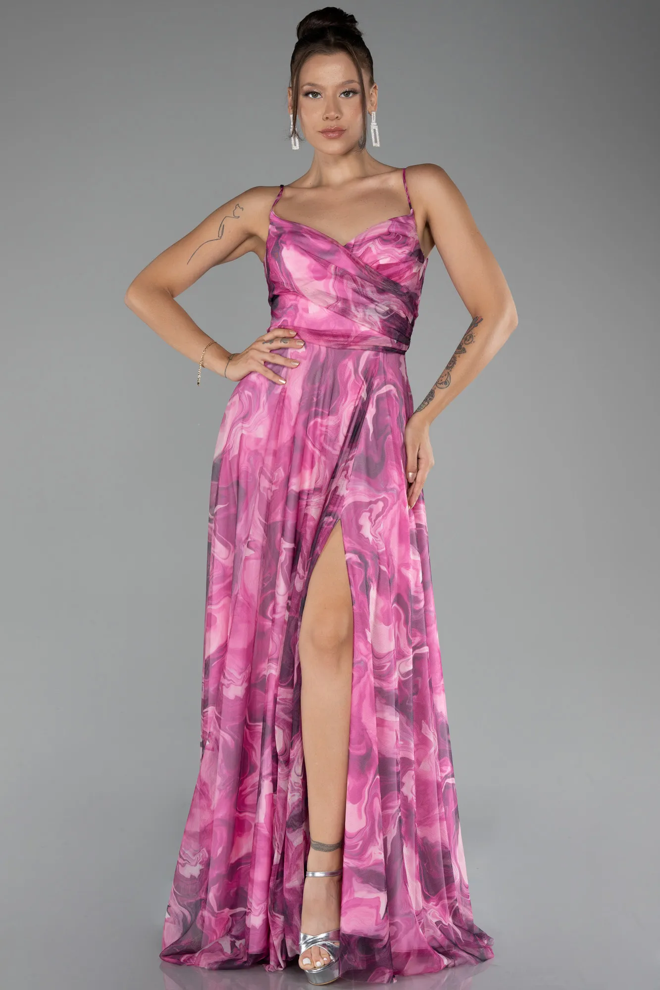 Pink-Slit Long Printed Prom Dress ABU4359