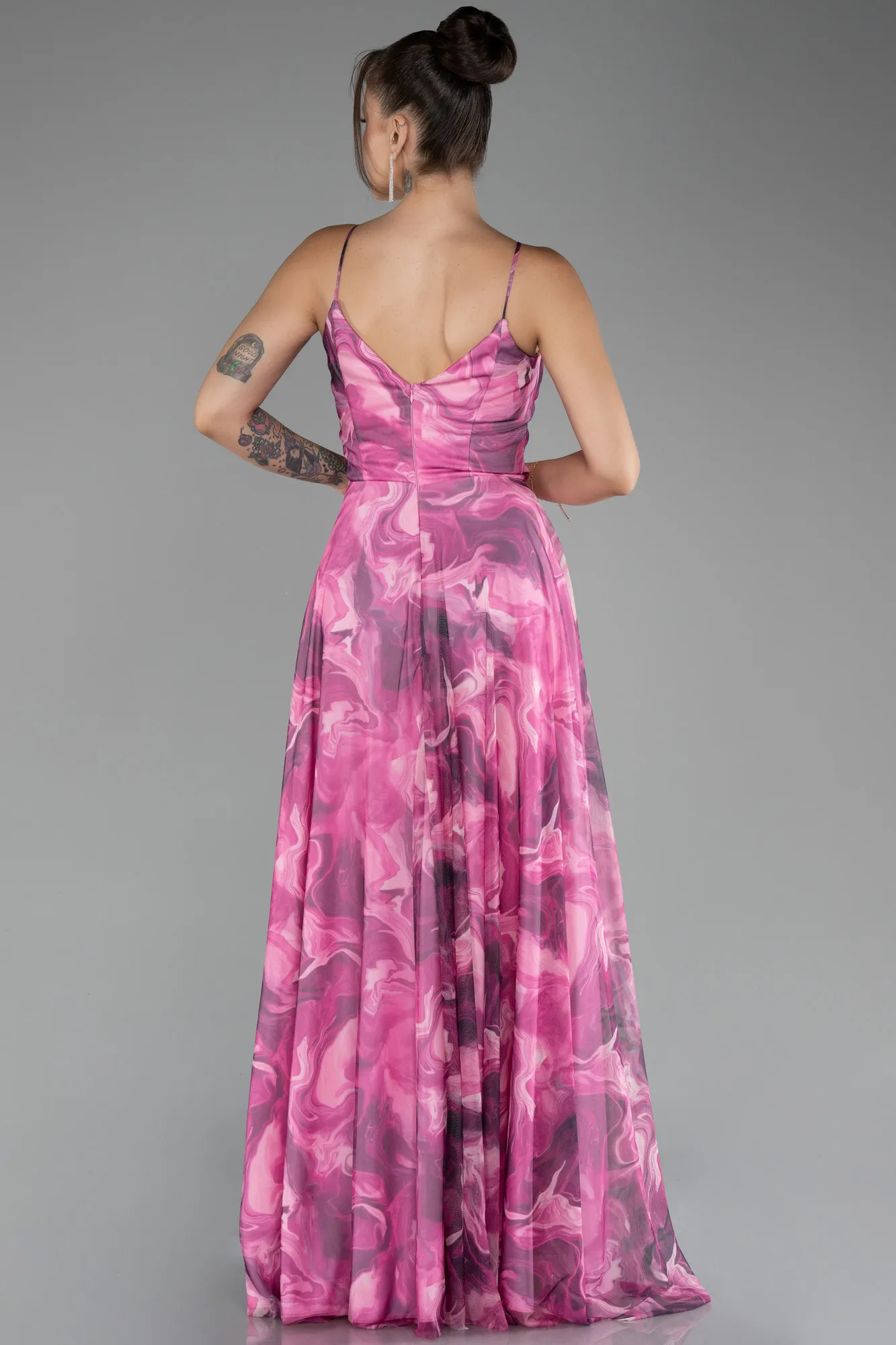 Pink-Slit Long Printed Prom Dress ABU4359