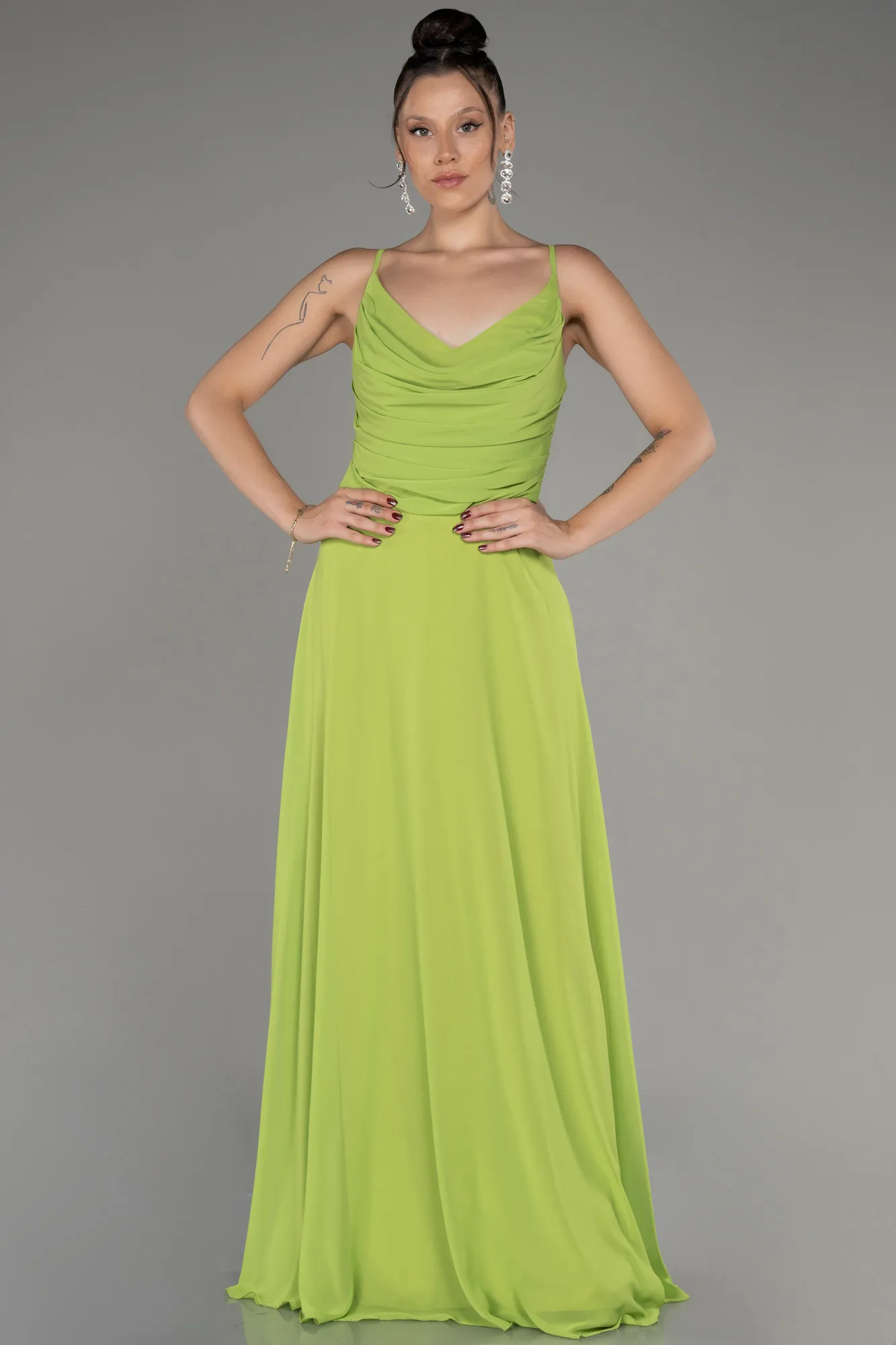 Pistachio Green-Cowl Neck Long Chiffon Evening Dress ABU4041