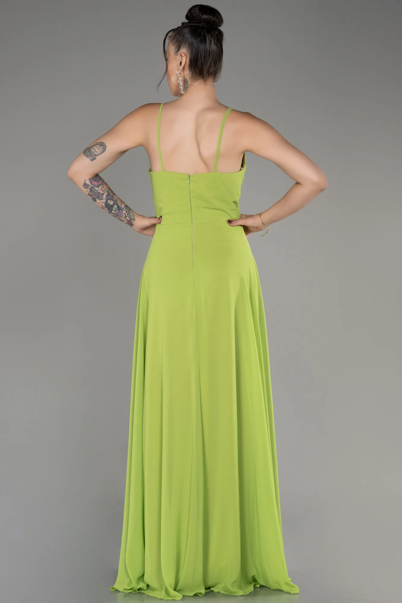 Pistachio Green-Cowl Neck Long Chiffon Evening Dress ABU4041