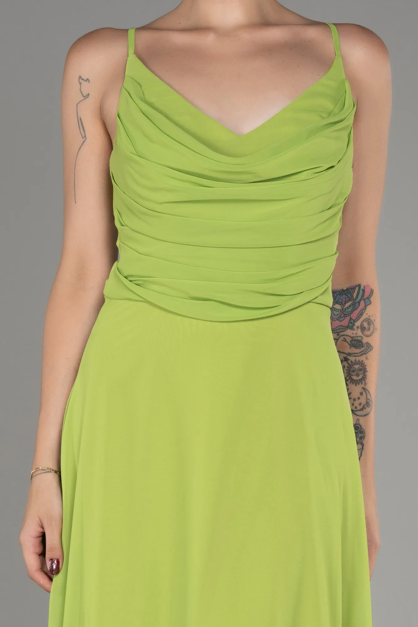 Pistachio Green-Cowl Neck Long Chiffon Evening Dress ABU4041