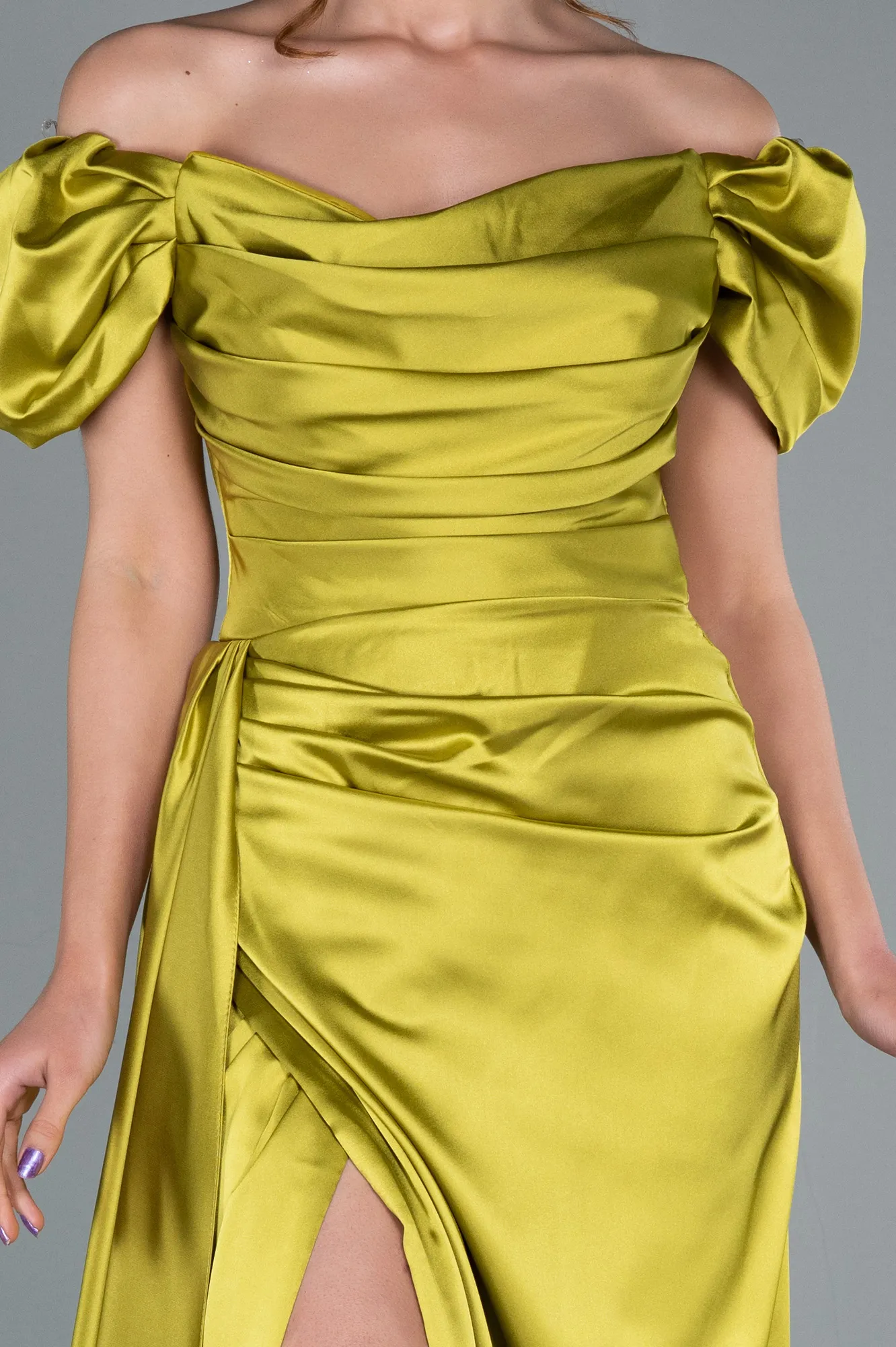 Pistachio Green-Long Satin Engagement Dress ABU1606