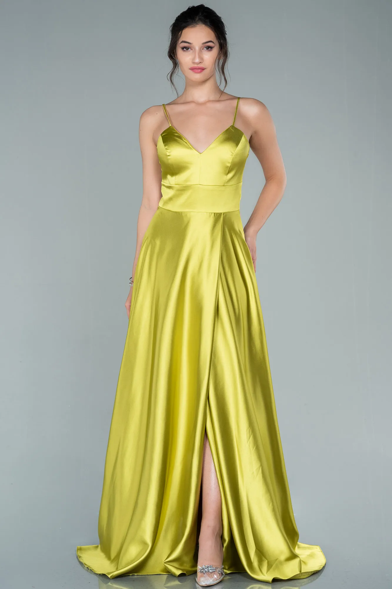 Pistachio Green-Long Satin Evening Dress ABU1458