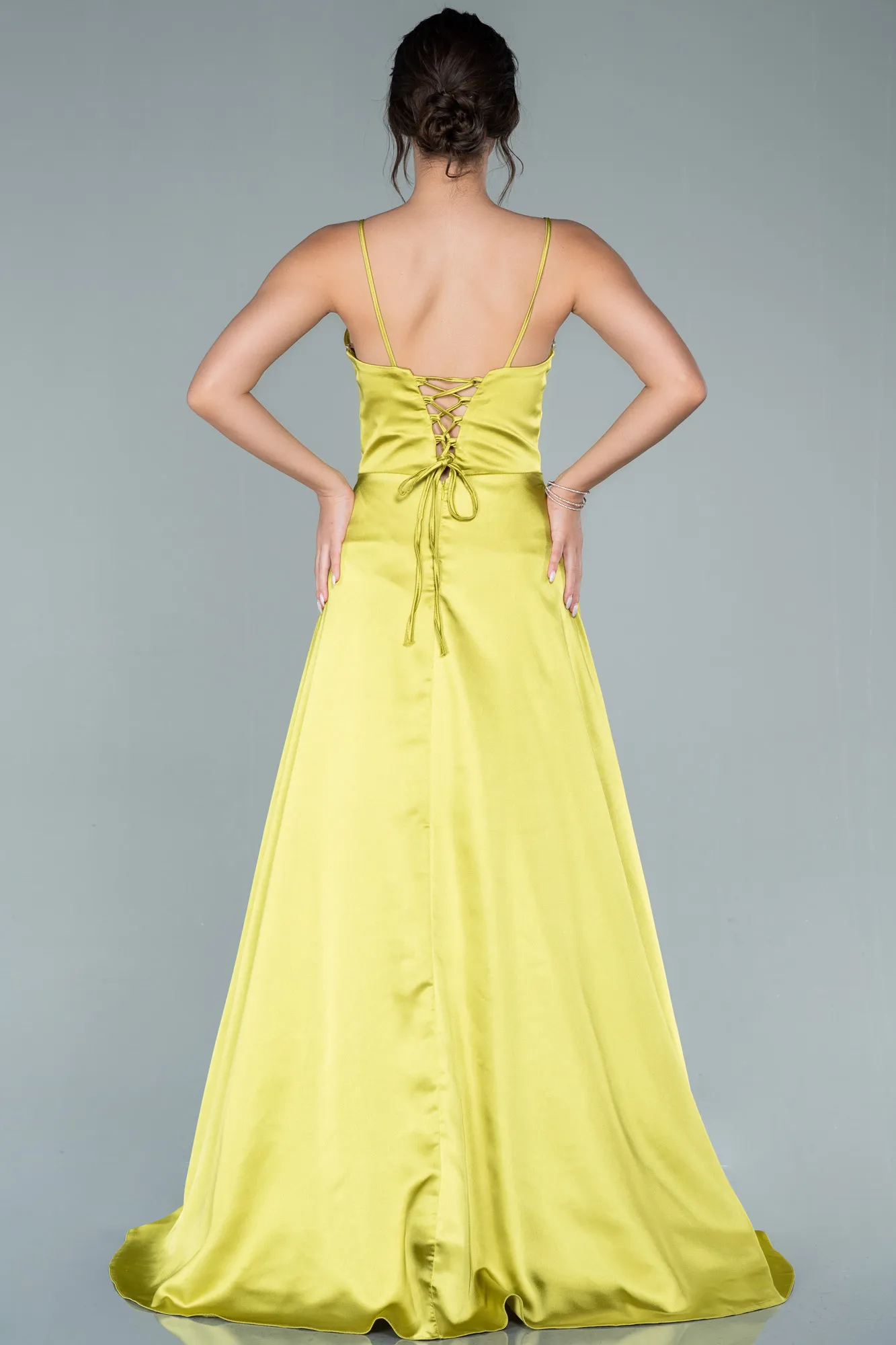 Pistachio Green-Long Satin Evening Dress ABU1458