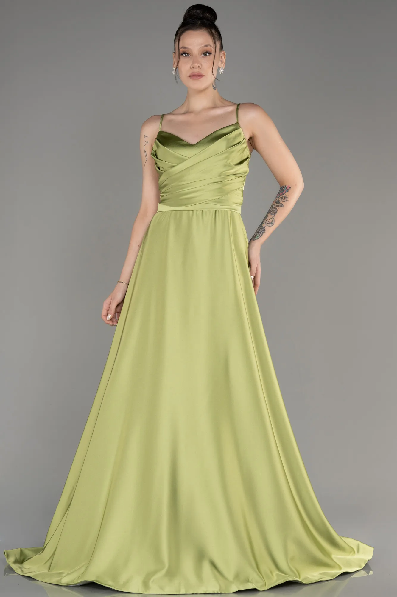 Pistachio Green-Long Satin Evening Dress ABU1601