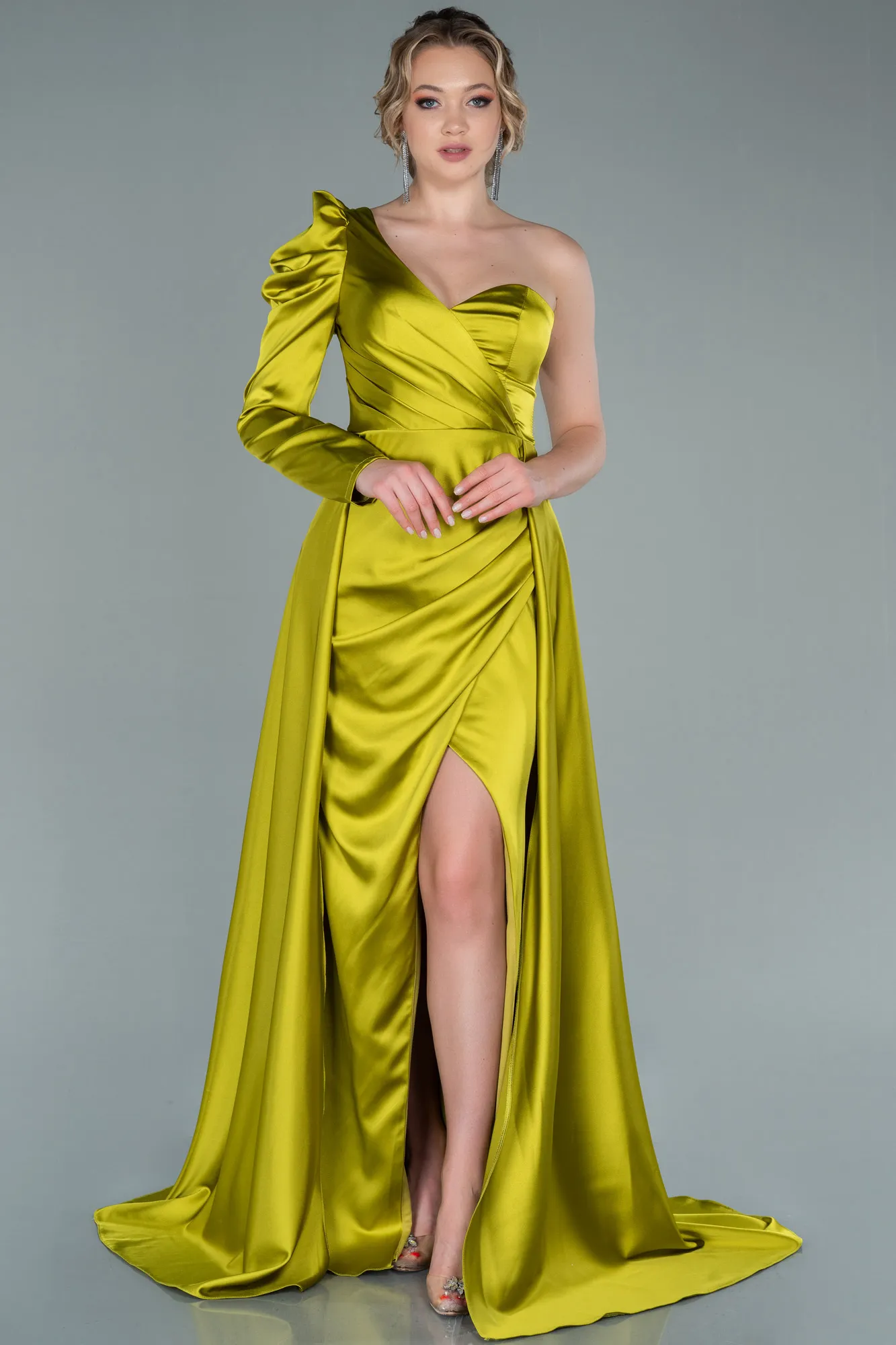Pistachio Green-Long Satin Evening Dress ABU1715