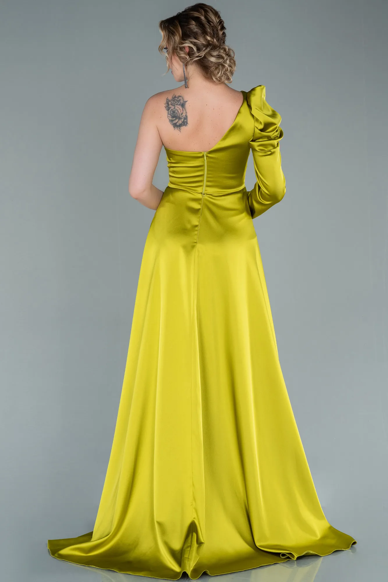 Pistachio Green-Long Satin Evening Dress ABU1715