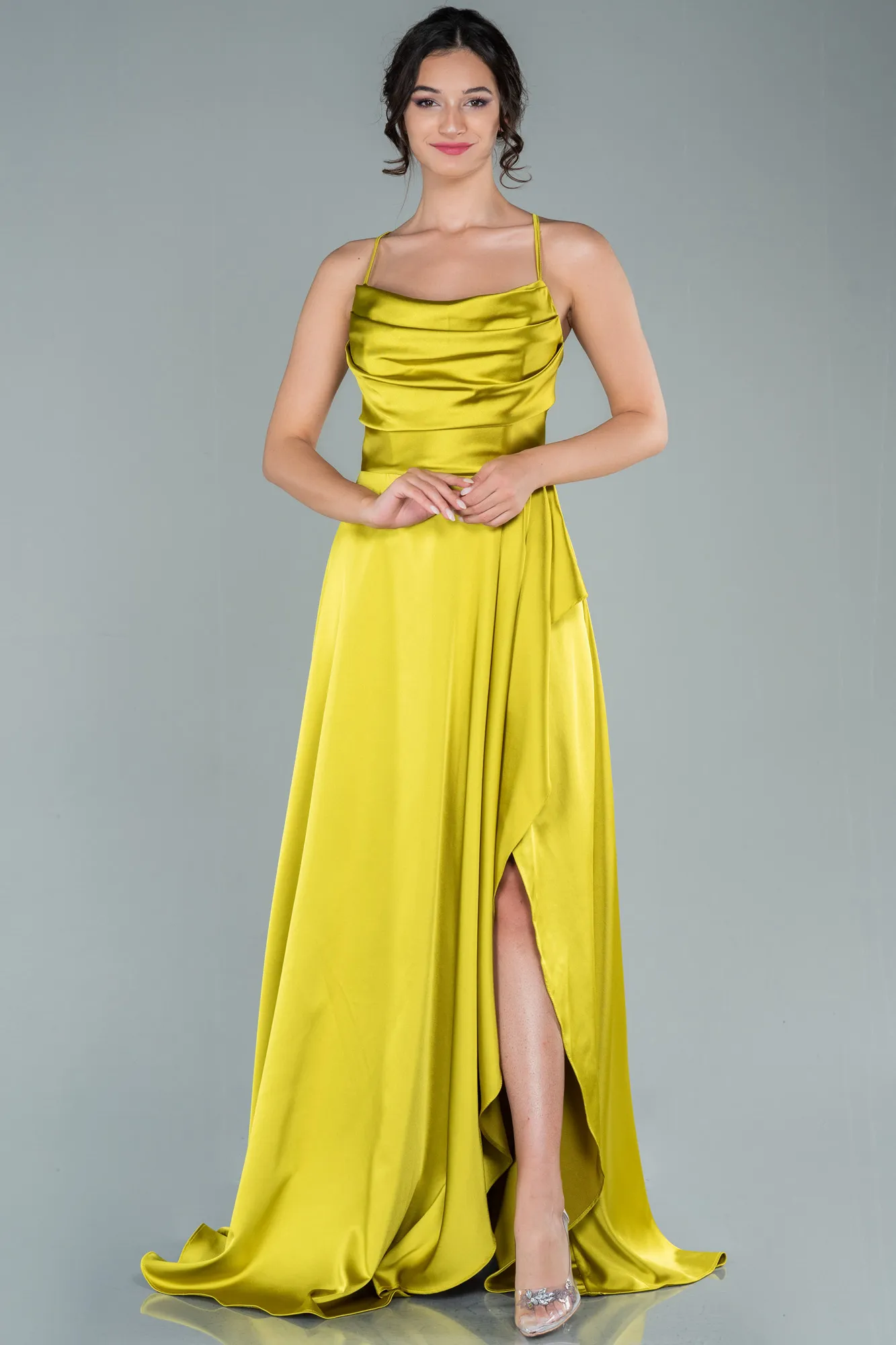 Pistachio Green-Long Satin Evening Dress ABU1843