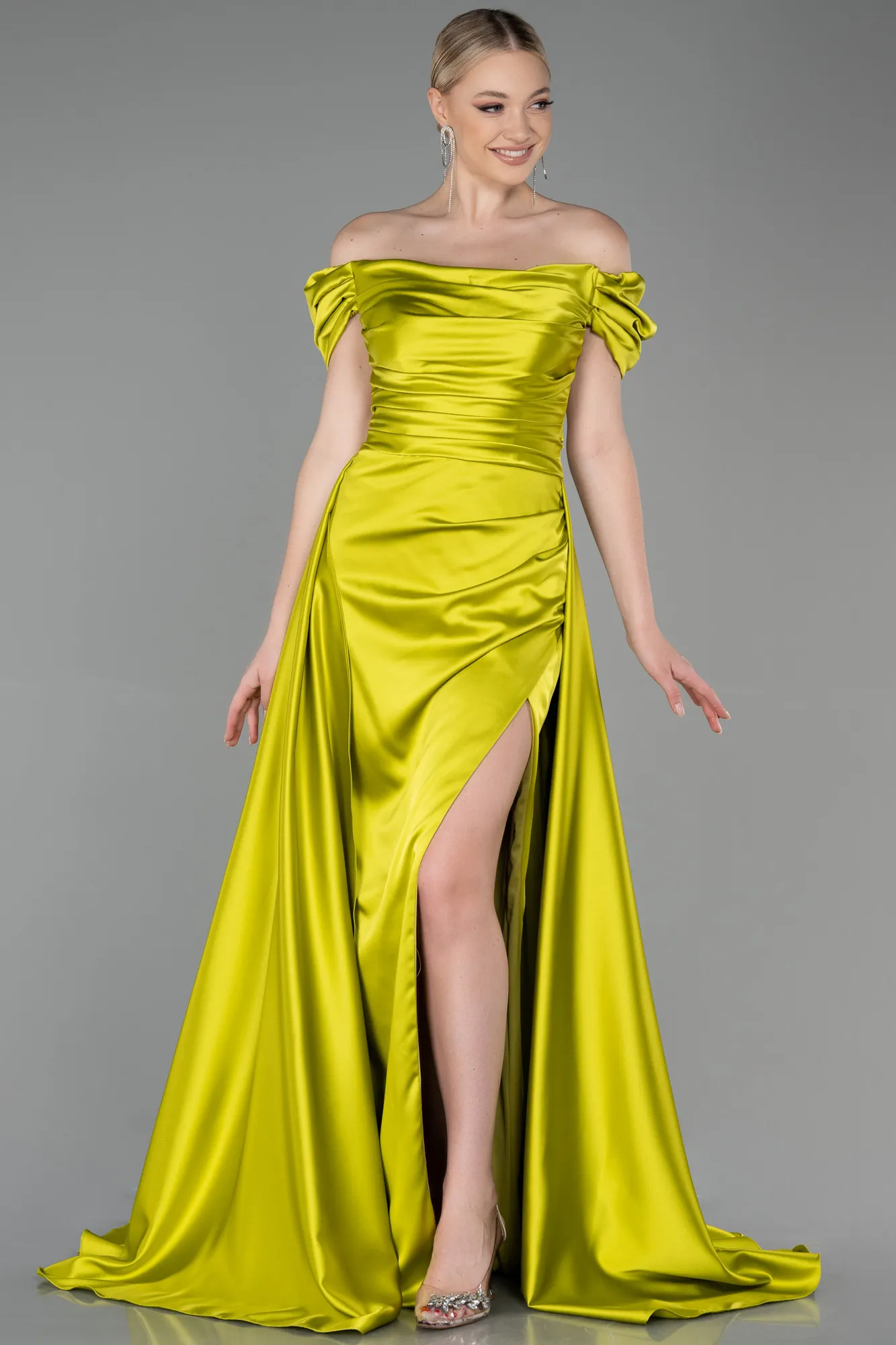 Pistachio Green-Long Satin Evening Dress ABU2003