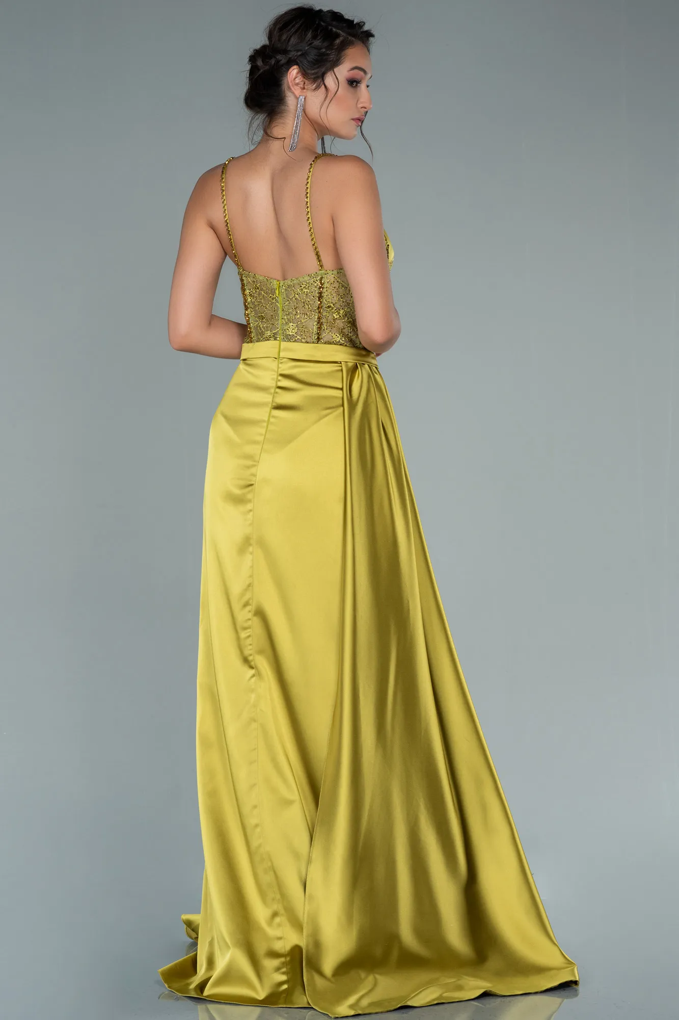 Pistachio Green-Long Satin Evening Dress ABU2130