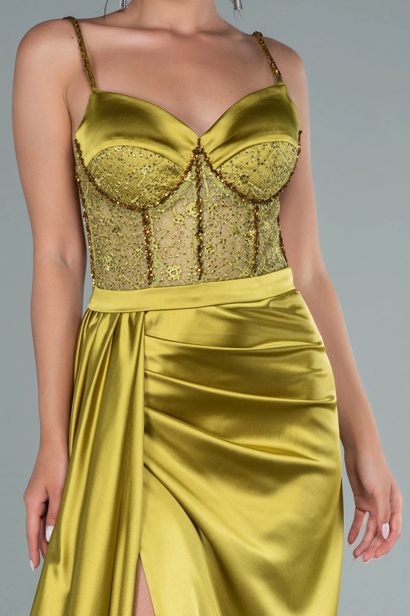 Pistachio Green-Long Satin Evening Dress ABU2130