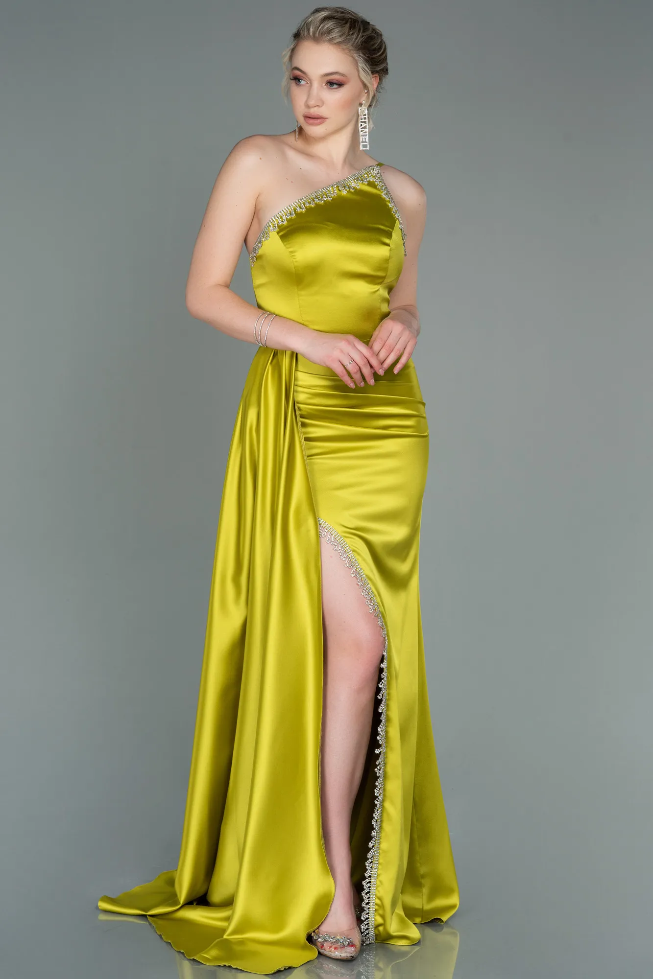 Pistachio Green-Long Satin Evening Dress ABU2386