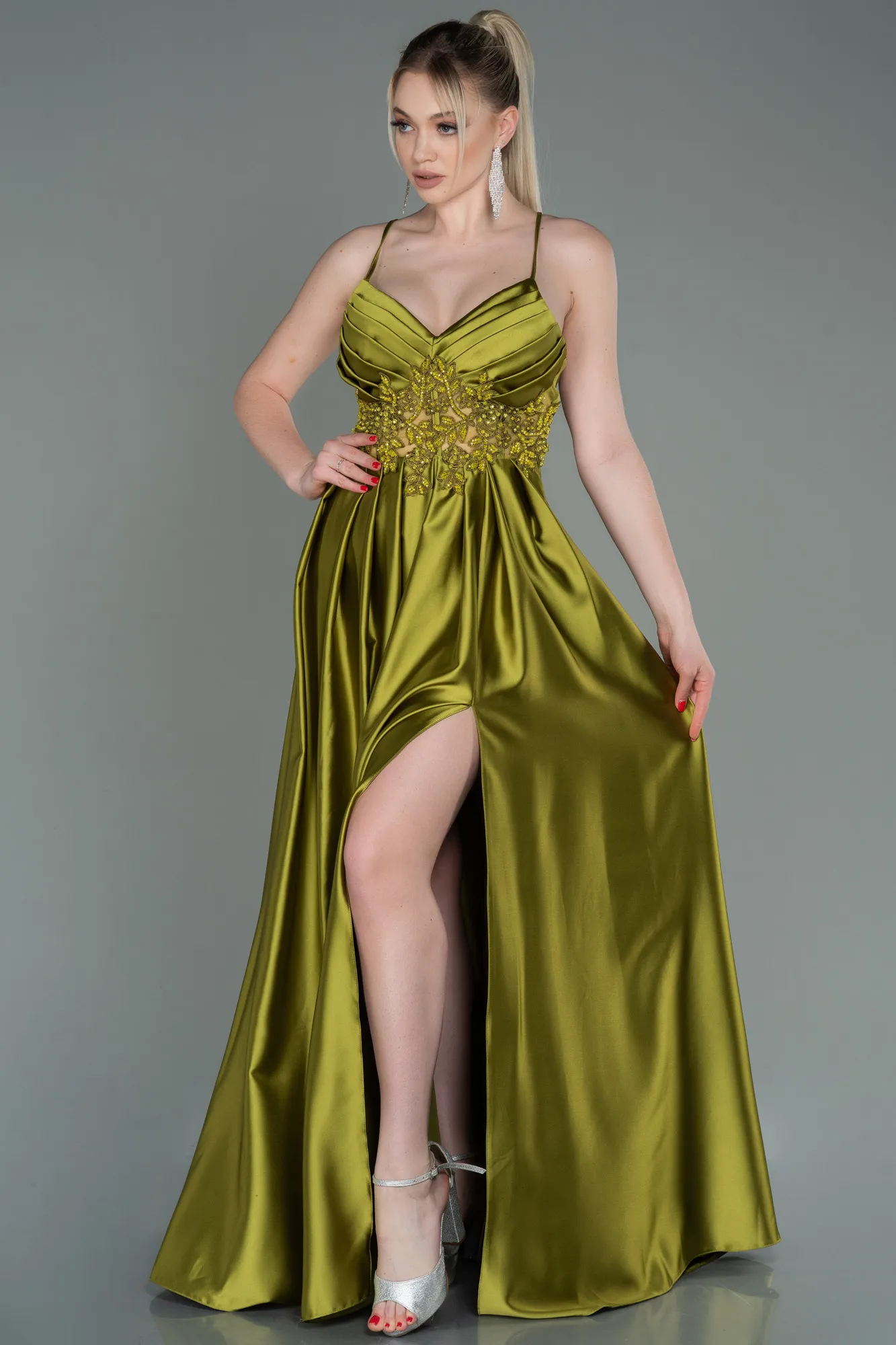 Pistachio Green-Long Satin Evening Dress ABU2583