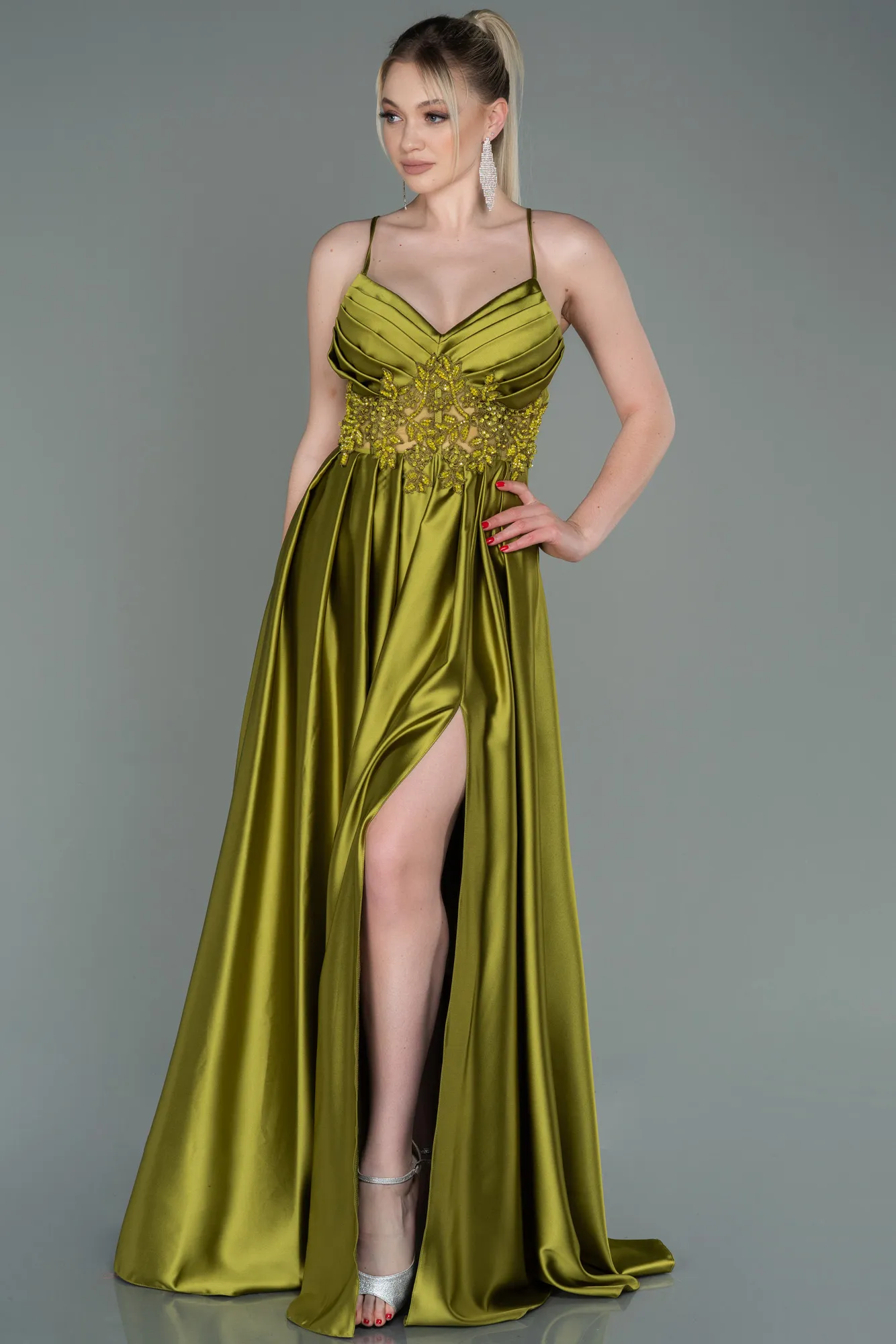 Pistachio Green-Long Satin Evening Dress ABU2583