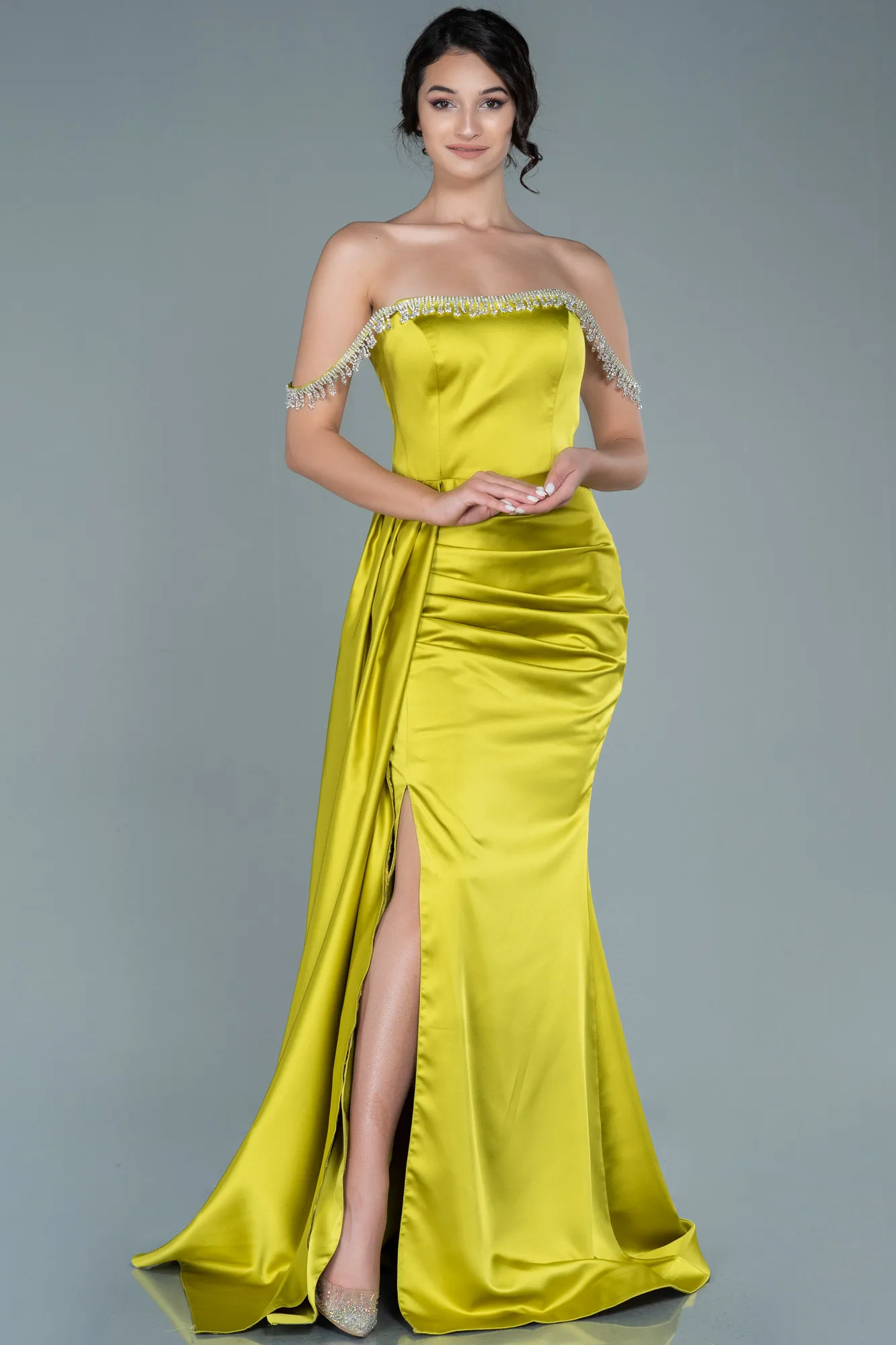 Pistachio Green-Long Satin Evening Dress ABU2618