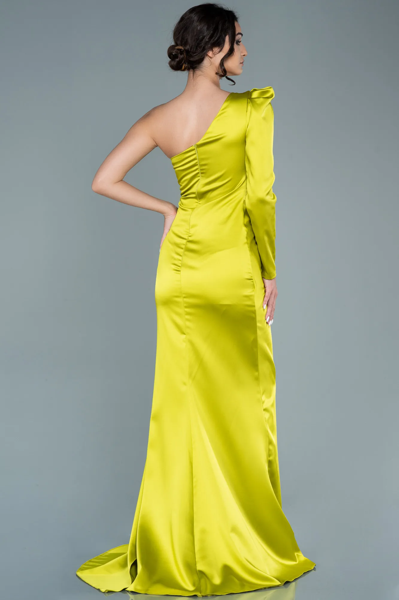 Pistachio Green-Long Satin Evening Dress ABU2676