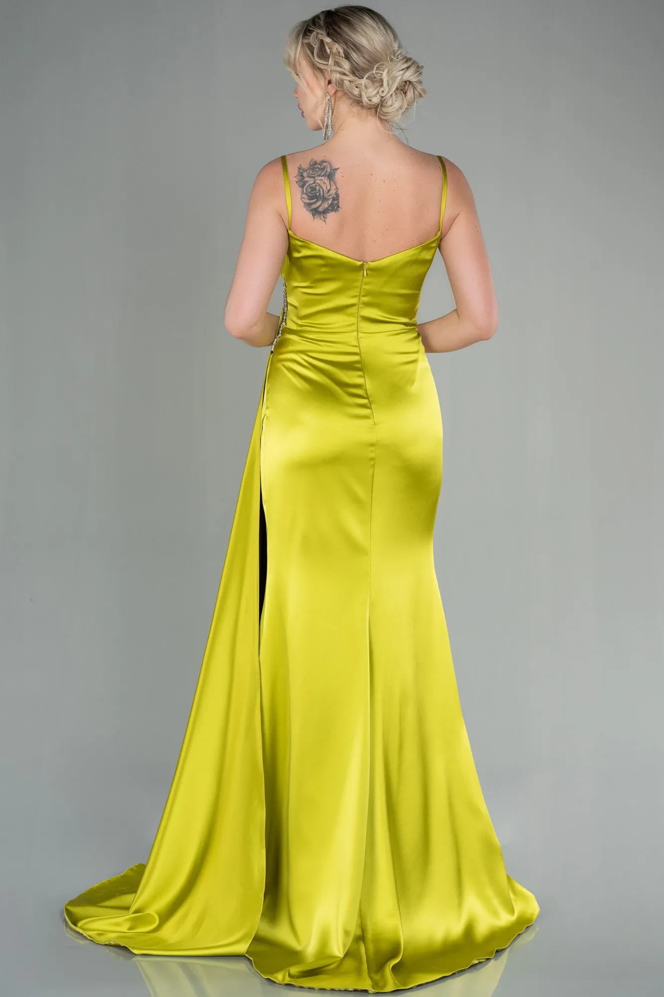 Pistachio Green-Long Satin Evening Dress ABU2792