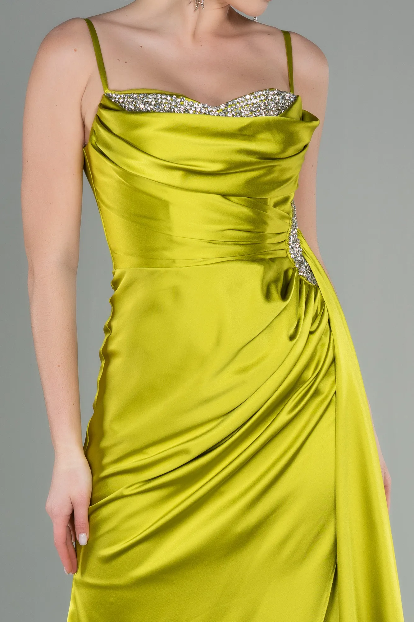 Pistachio Green-Long Satin Evening Dress ABU2792