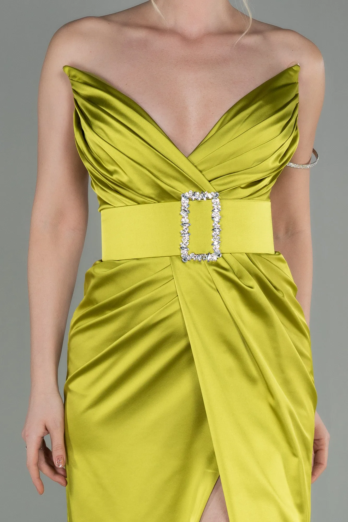 Pistachio Green-Long Satin Evening Dress ABU2844