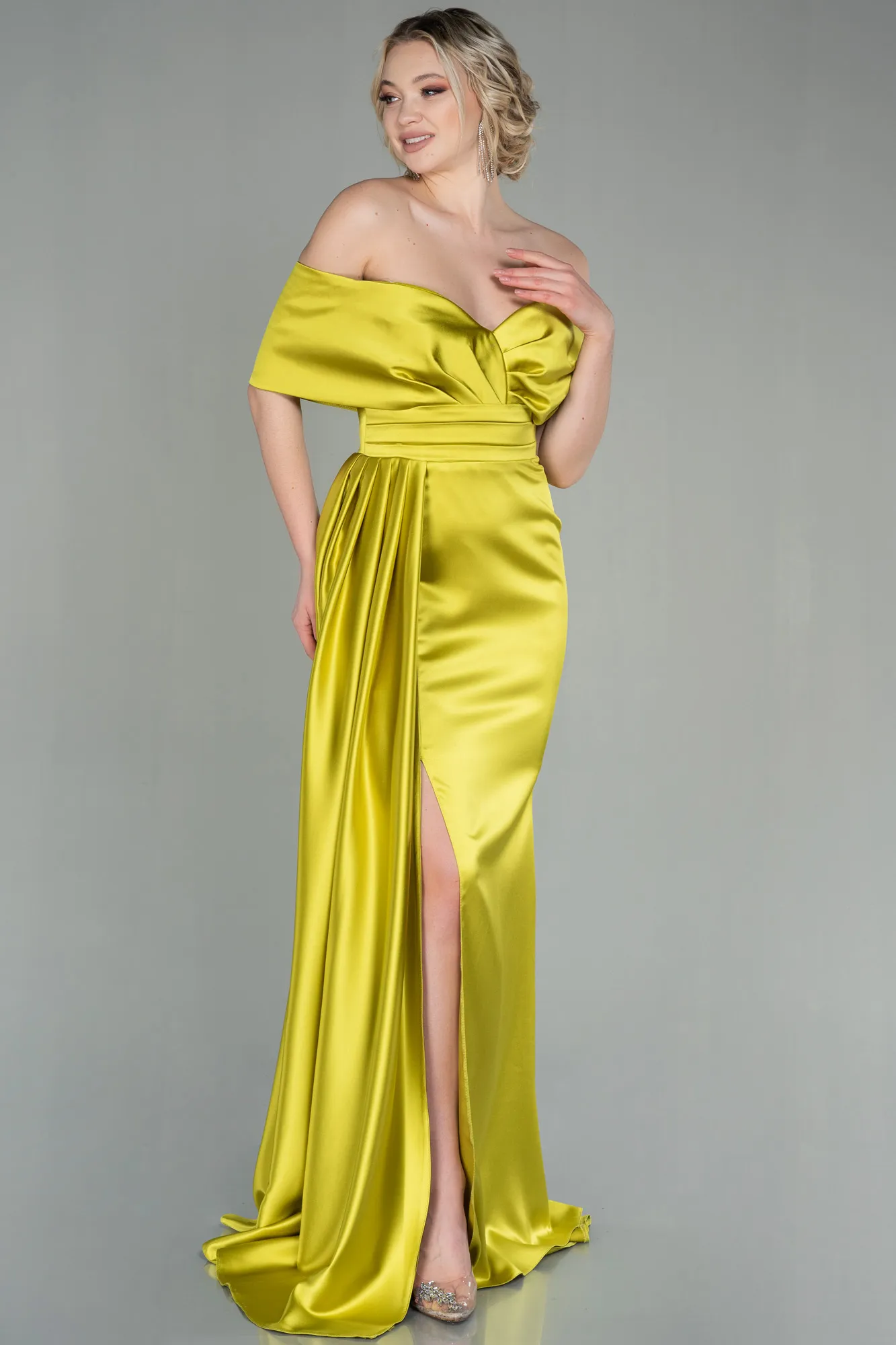 Pistachio Green-Long Satin Evening Dress ABU2893