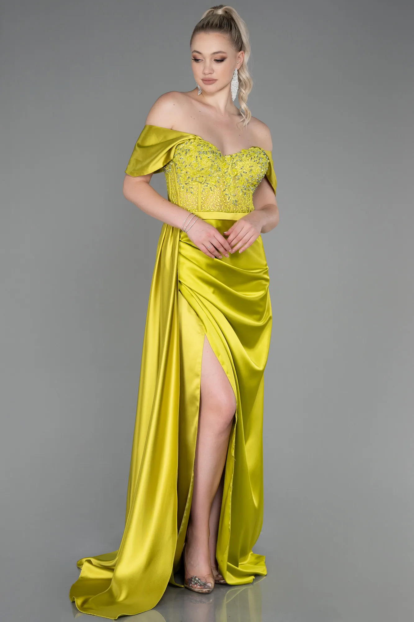 Pistachio Green-Long Satin Evening Dress ABU3446