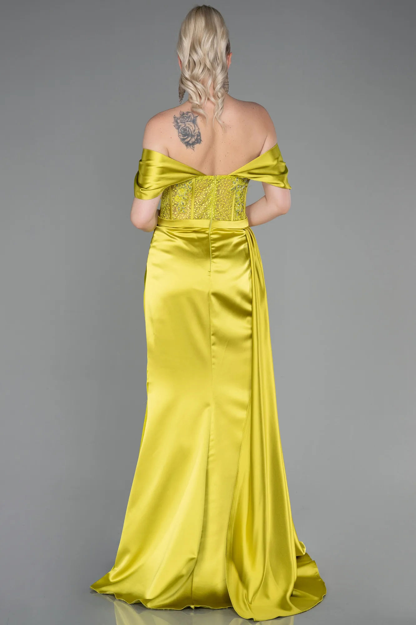 Pistachio Green-Long Satin Evening Dress ABU3446