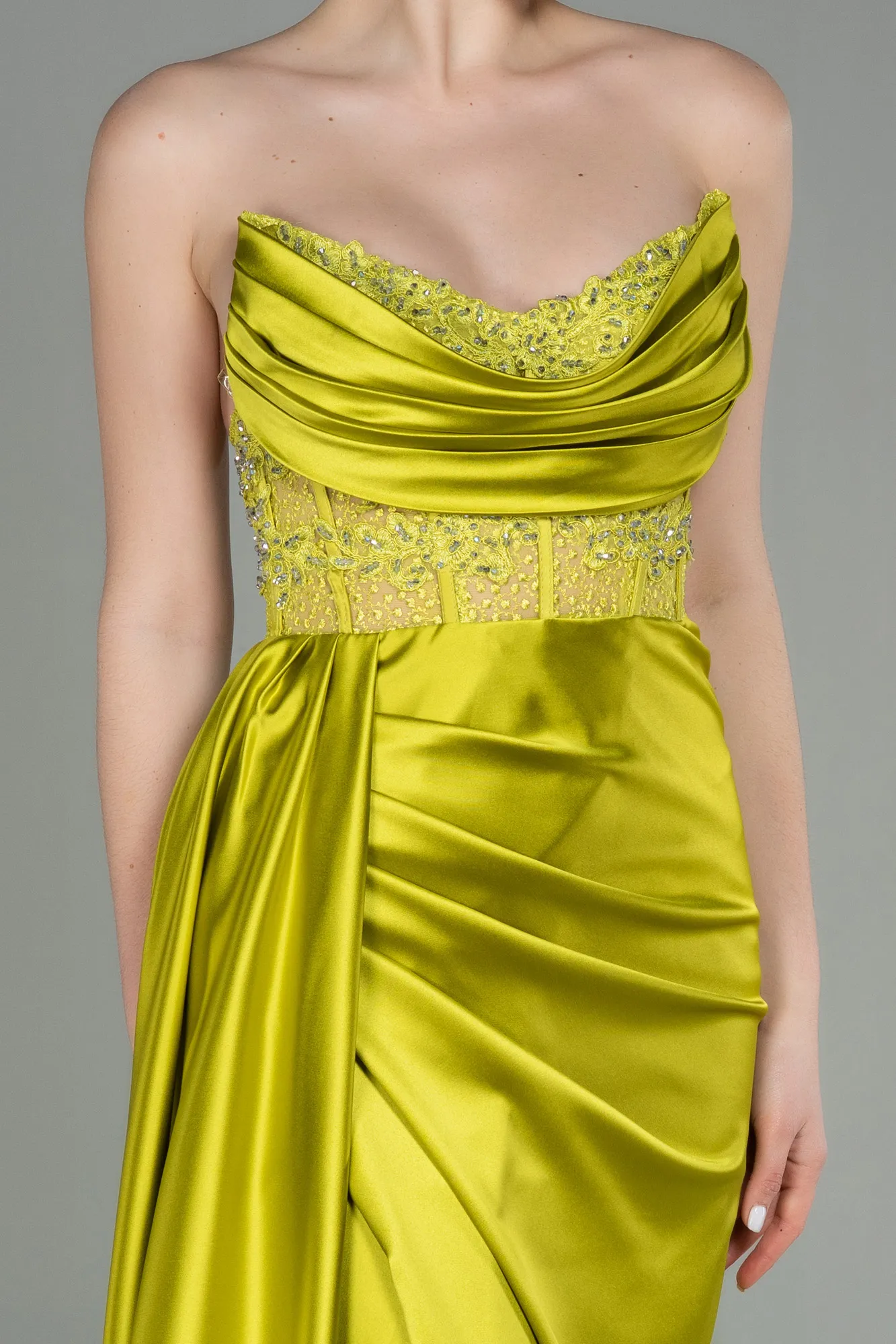 Pistachio Green-Long Satin Evening Dress ABU3447