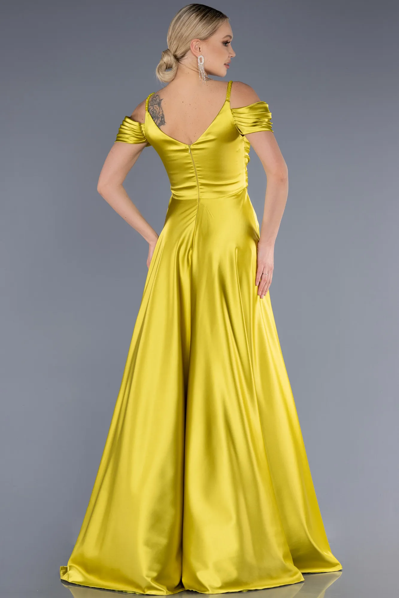 Pistachio Green-Long Satin Evening Dress ABU3678