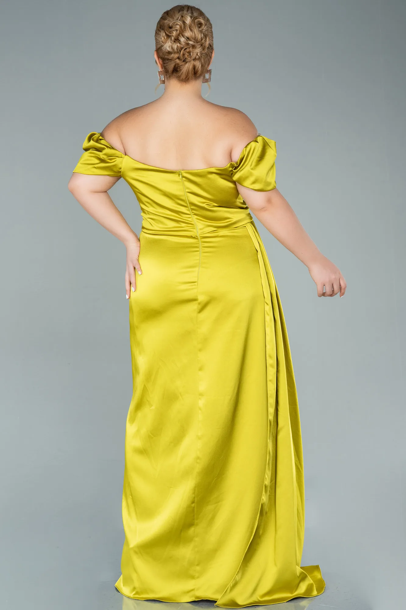 Pistachio Green-Long Satin Plus Size Evening Dress ABU1626