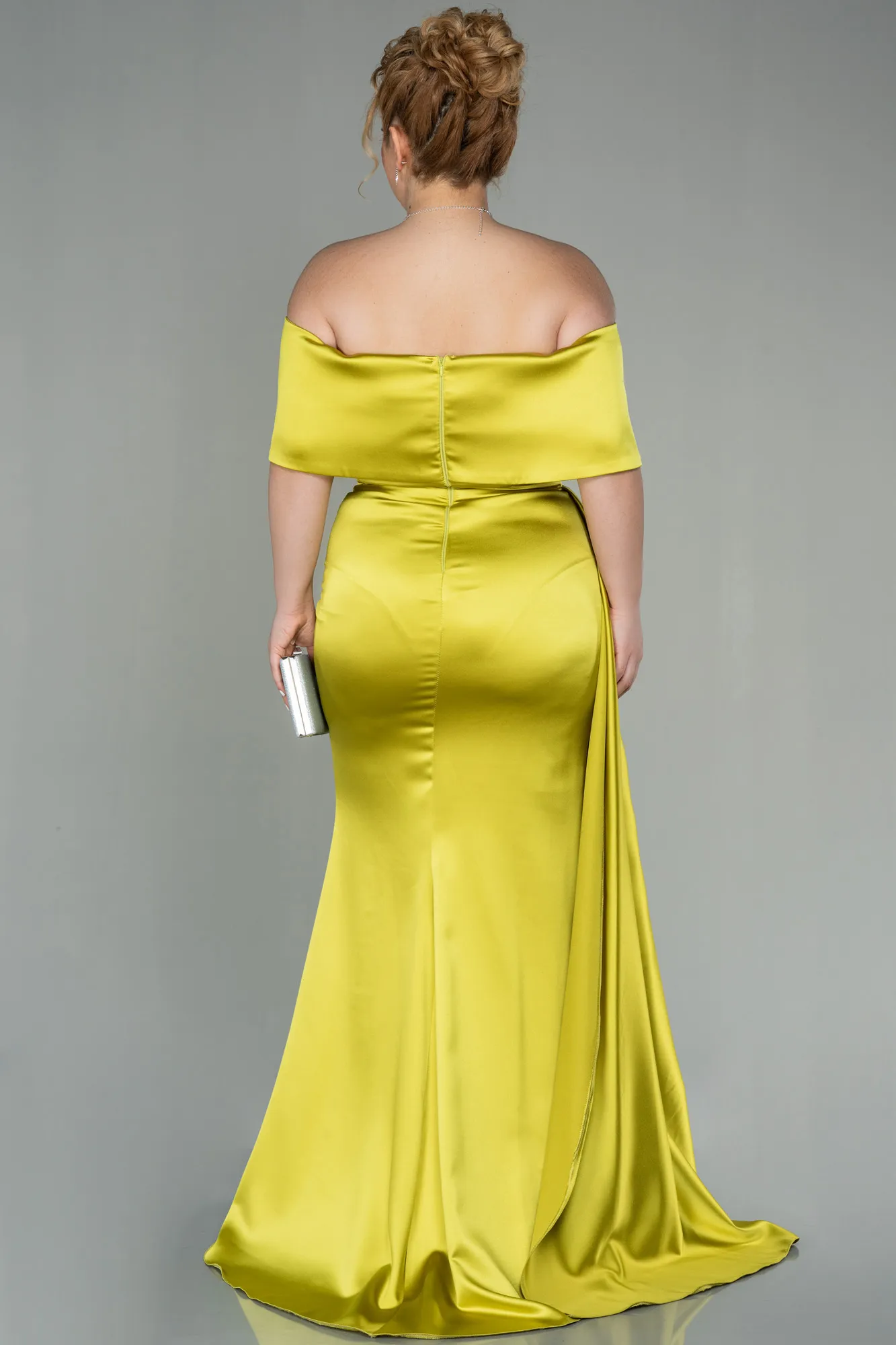 Pistachio Green-Long Satin Plus Size Evening Dress ABU2873