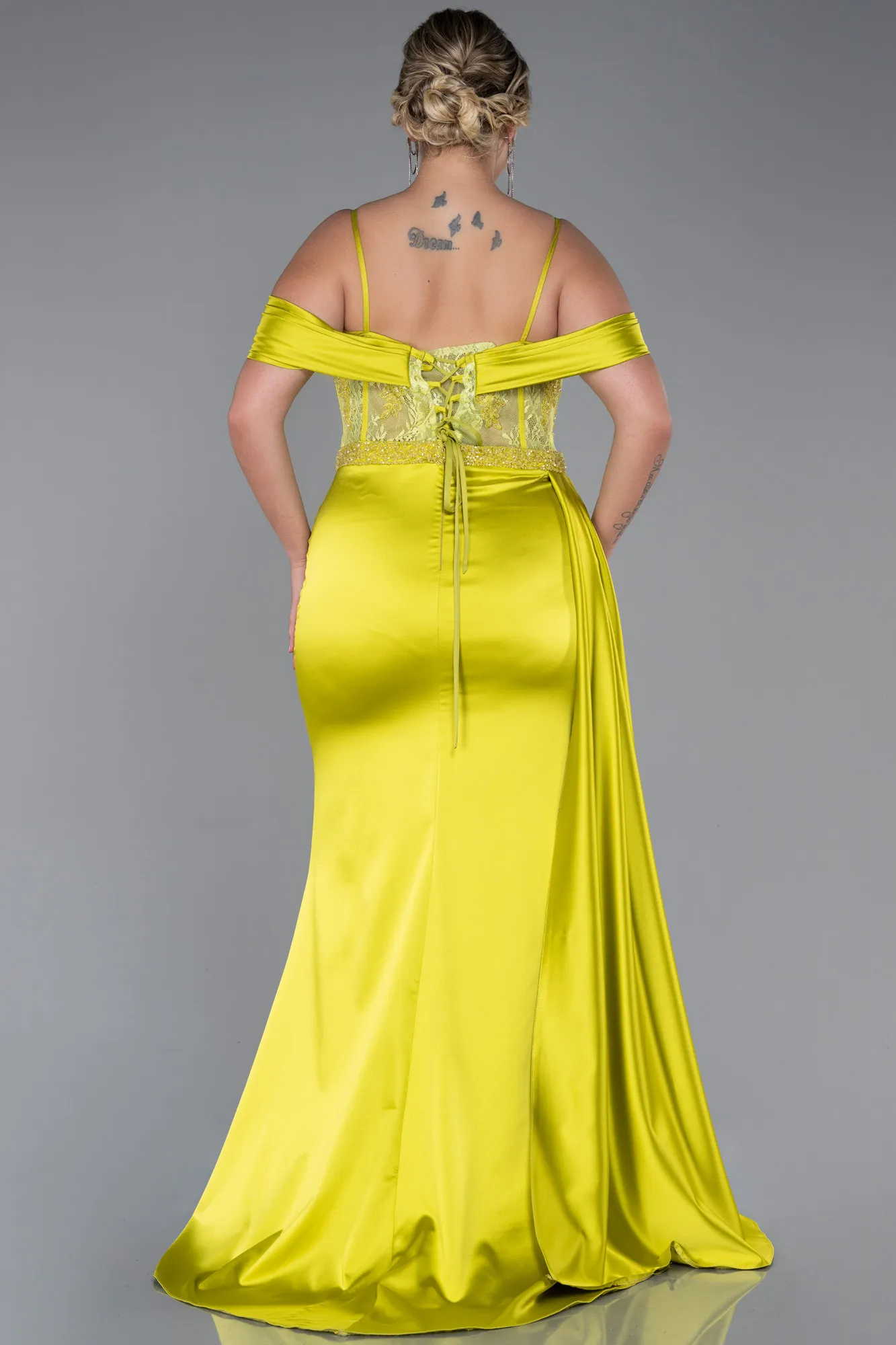 Pistachio Green-Long Satin Plus Size Evening Dress ABU3228
