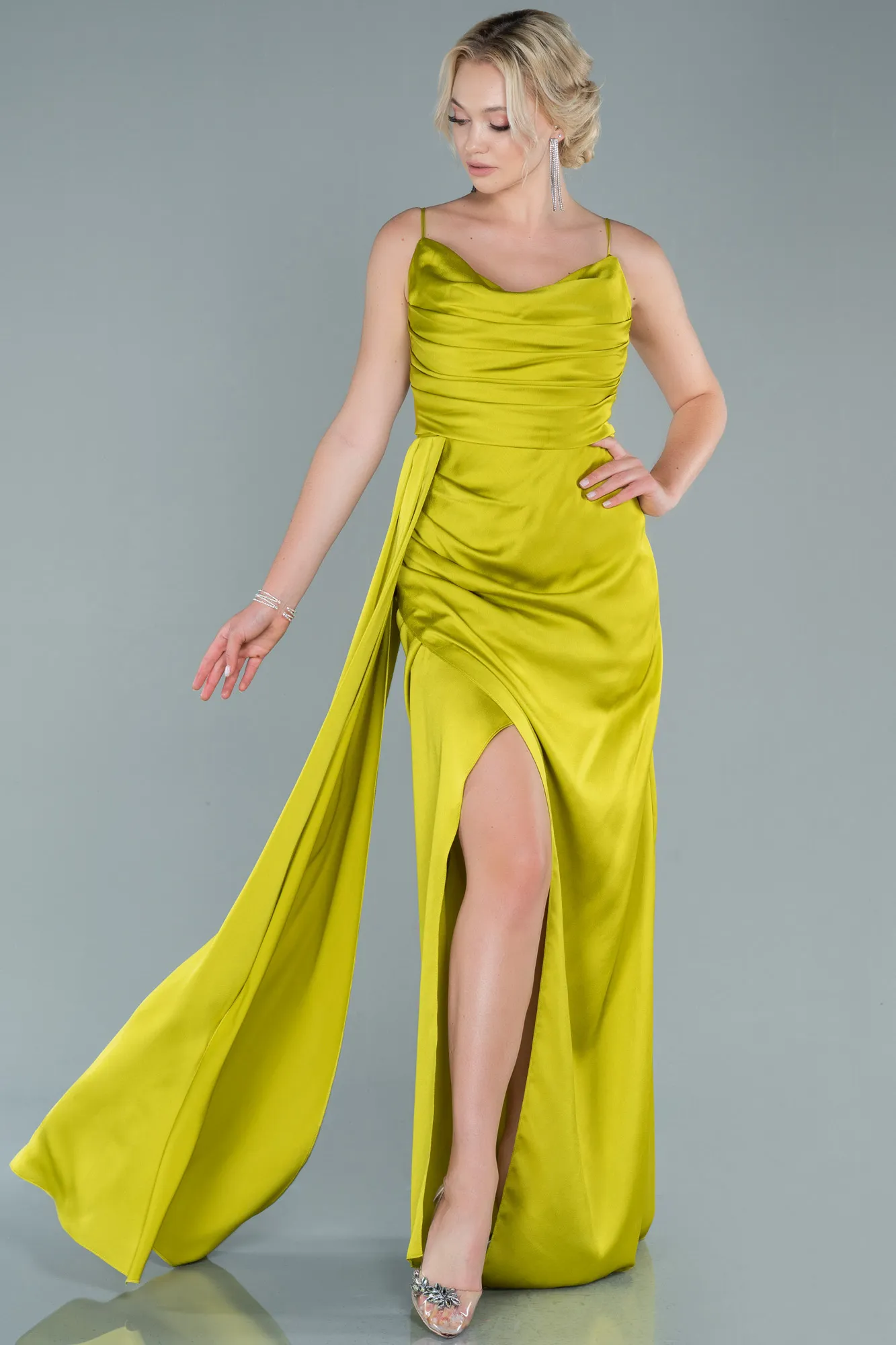 Pistachio Green-Long Satin Prom Gown ABU2558