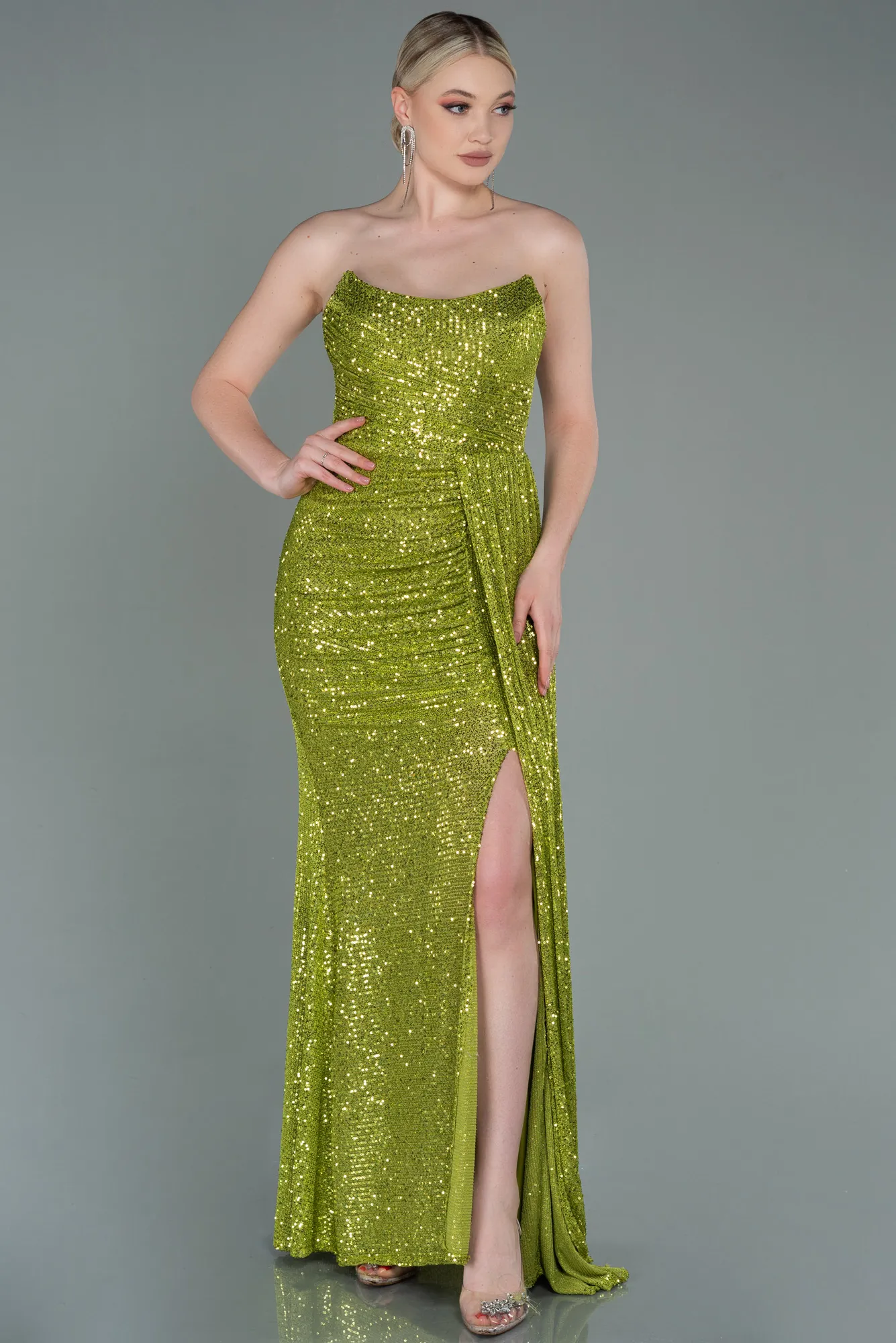 Pistachio Green-Long Scaly Evening Dress ABU3134