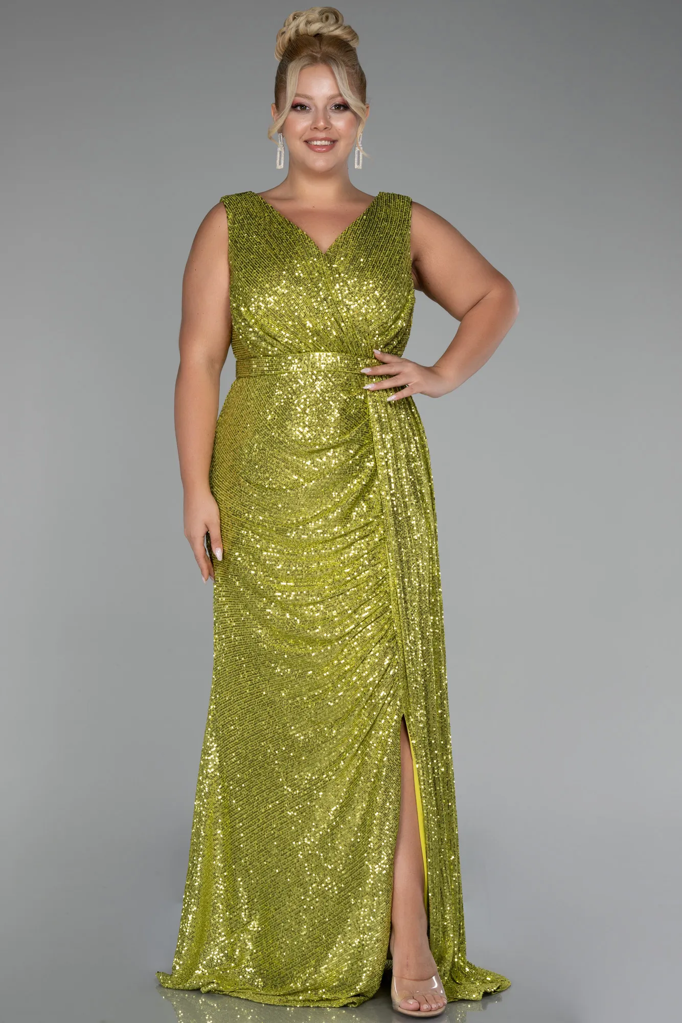 Pistachio Green-Long Scaly Plus Size Evening Dress ABU3194