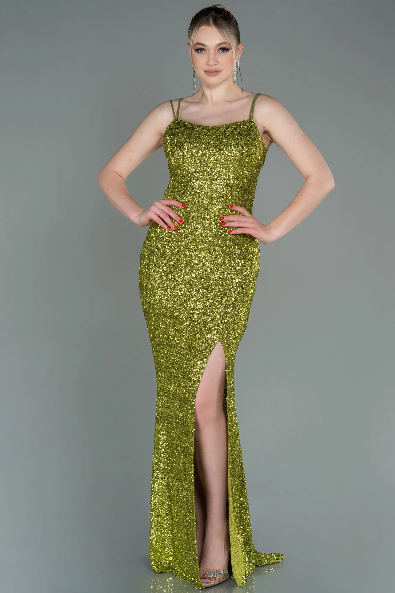 Pistachio Green-Long Scaly Prom Gown ABU3118