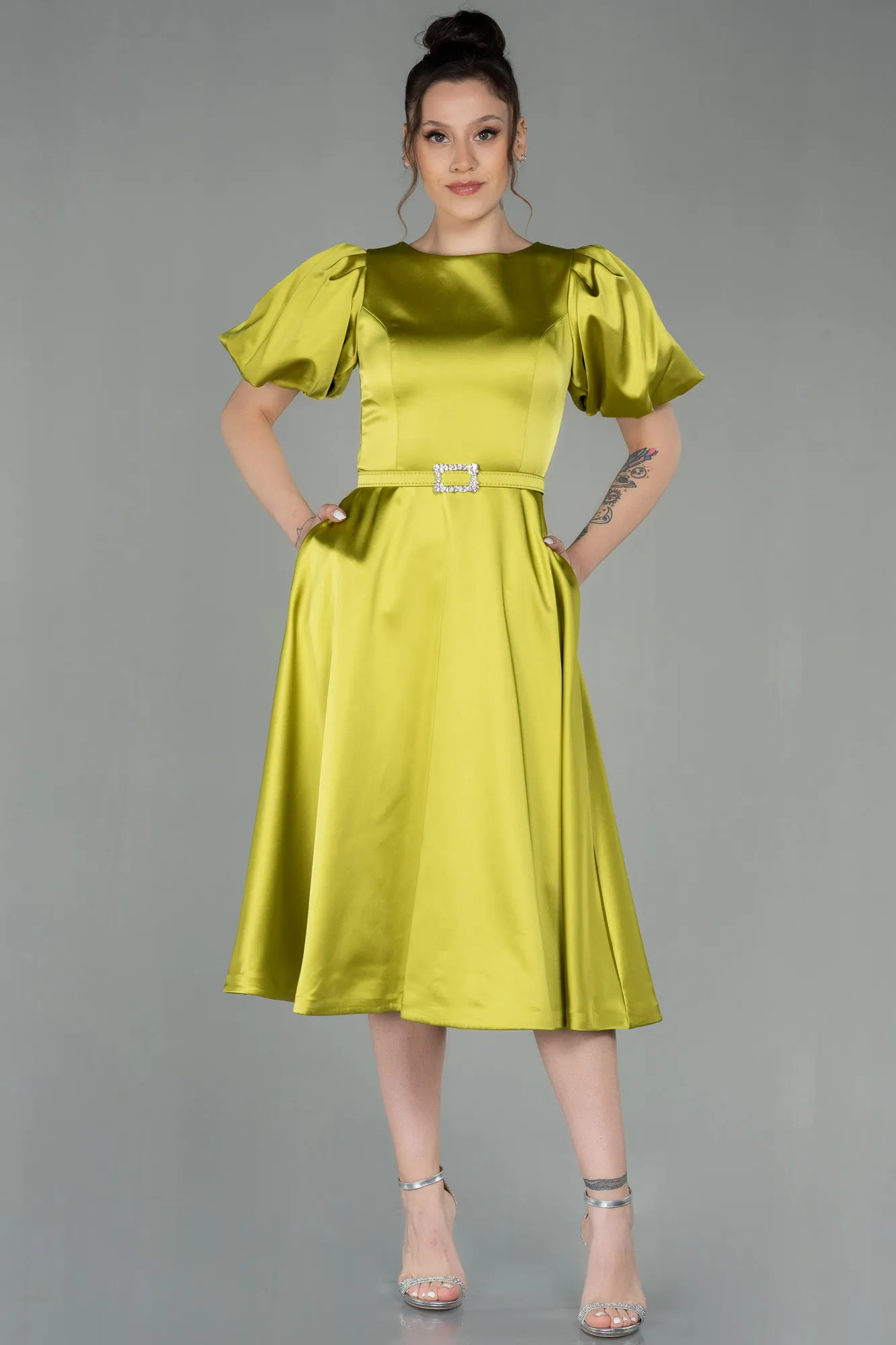 Pistachio Green-Midi Satin Invitation Dress ABK1263