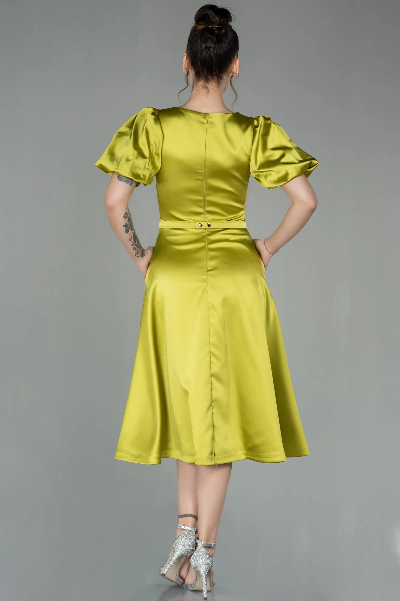 Pistachio Green-Midi Satin Invitation Dress ABK1263