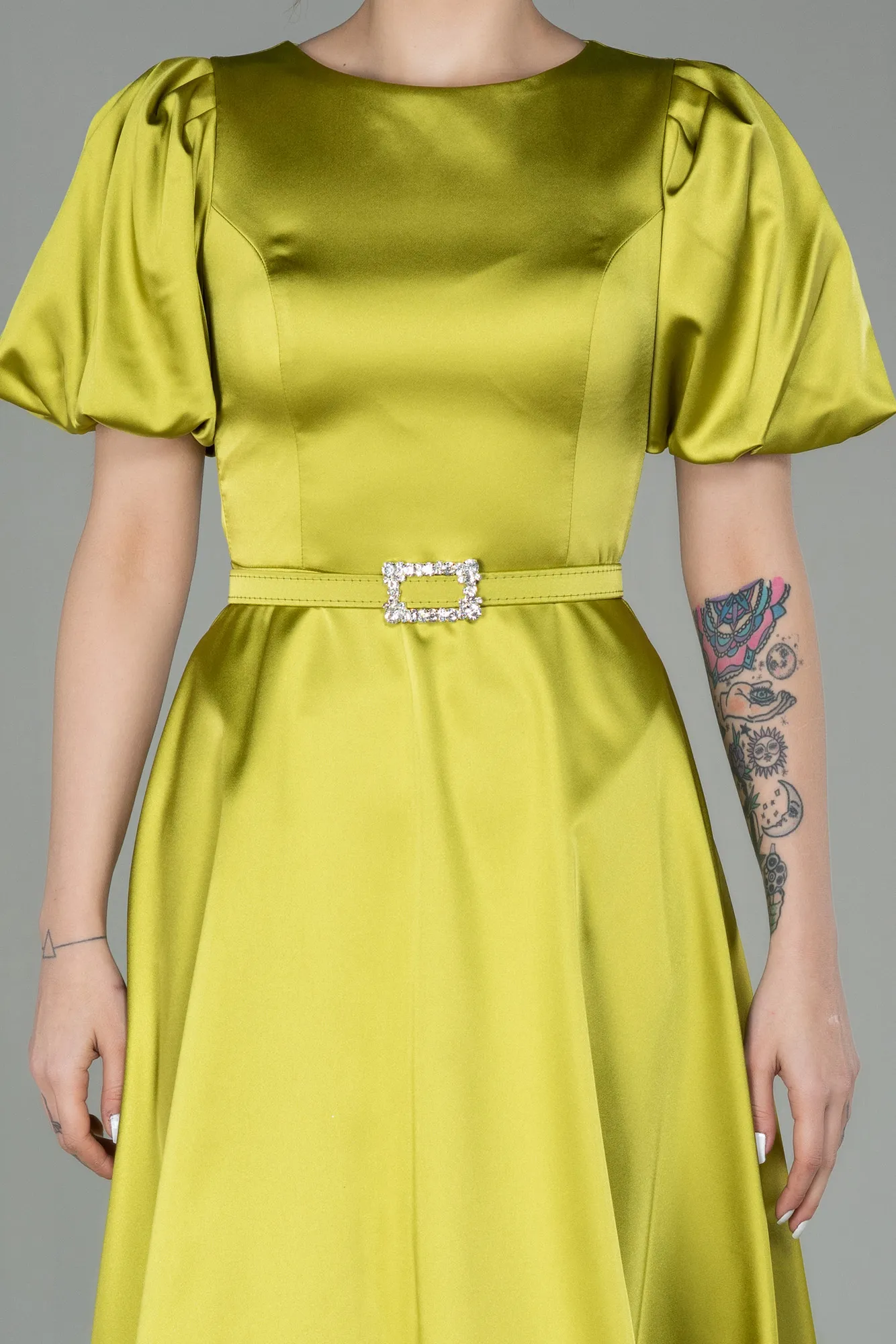 Pistachio Green-Midi Satin Invitation Dress ABK1263