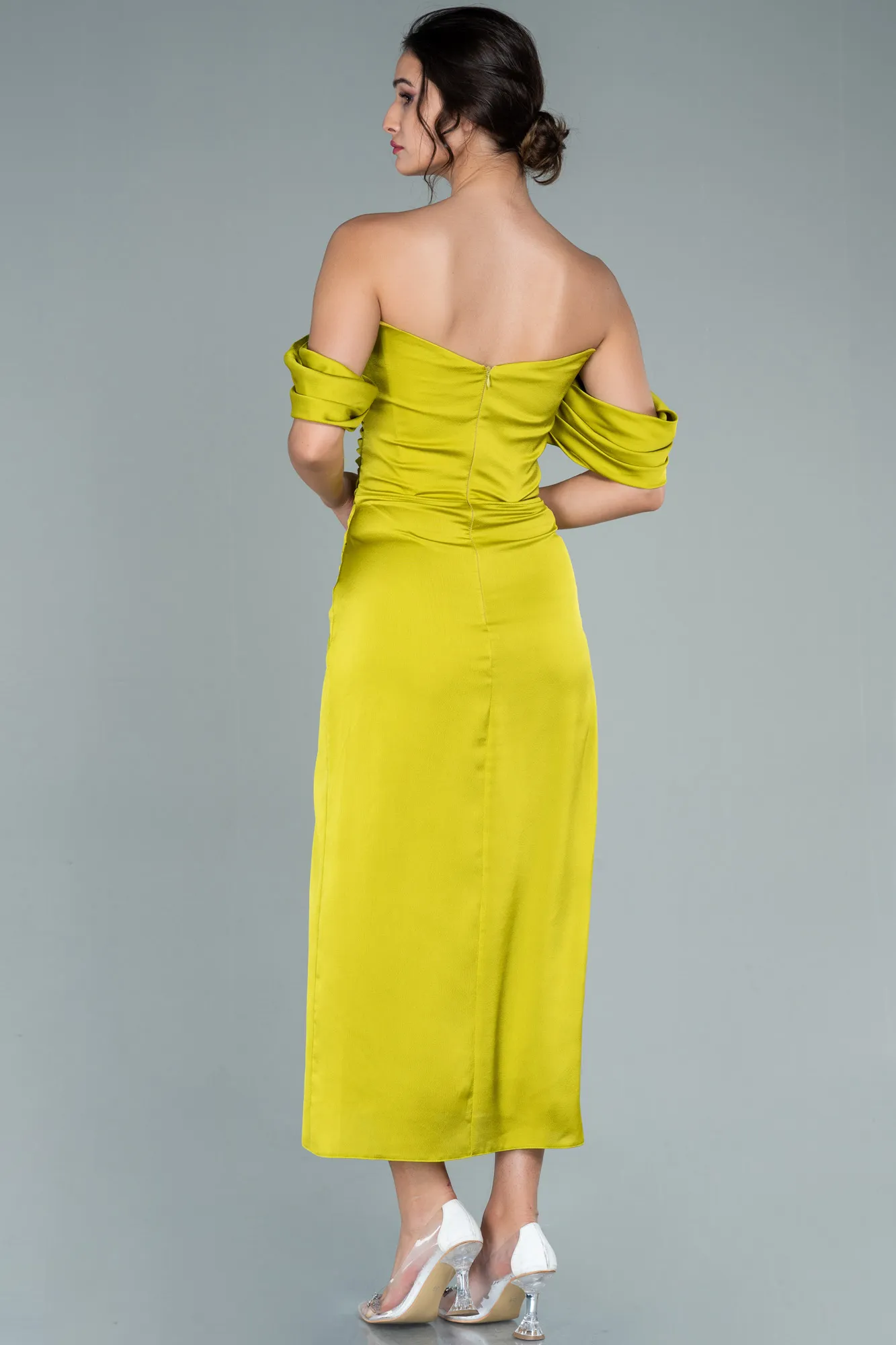 Pistachio Green-Midi Satin Invitation Dress ABK1404