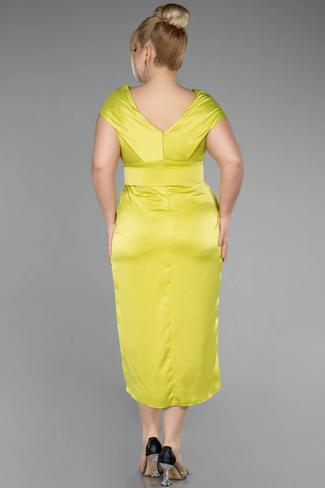 Pistachio Green-Midi Satin Plus Size Evening Dress ABK1499