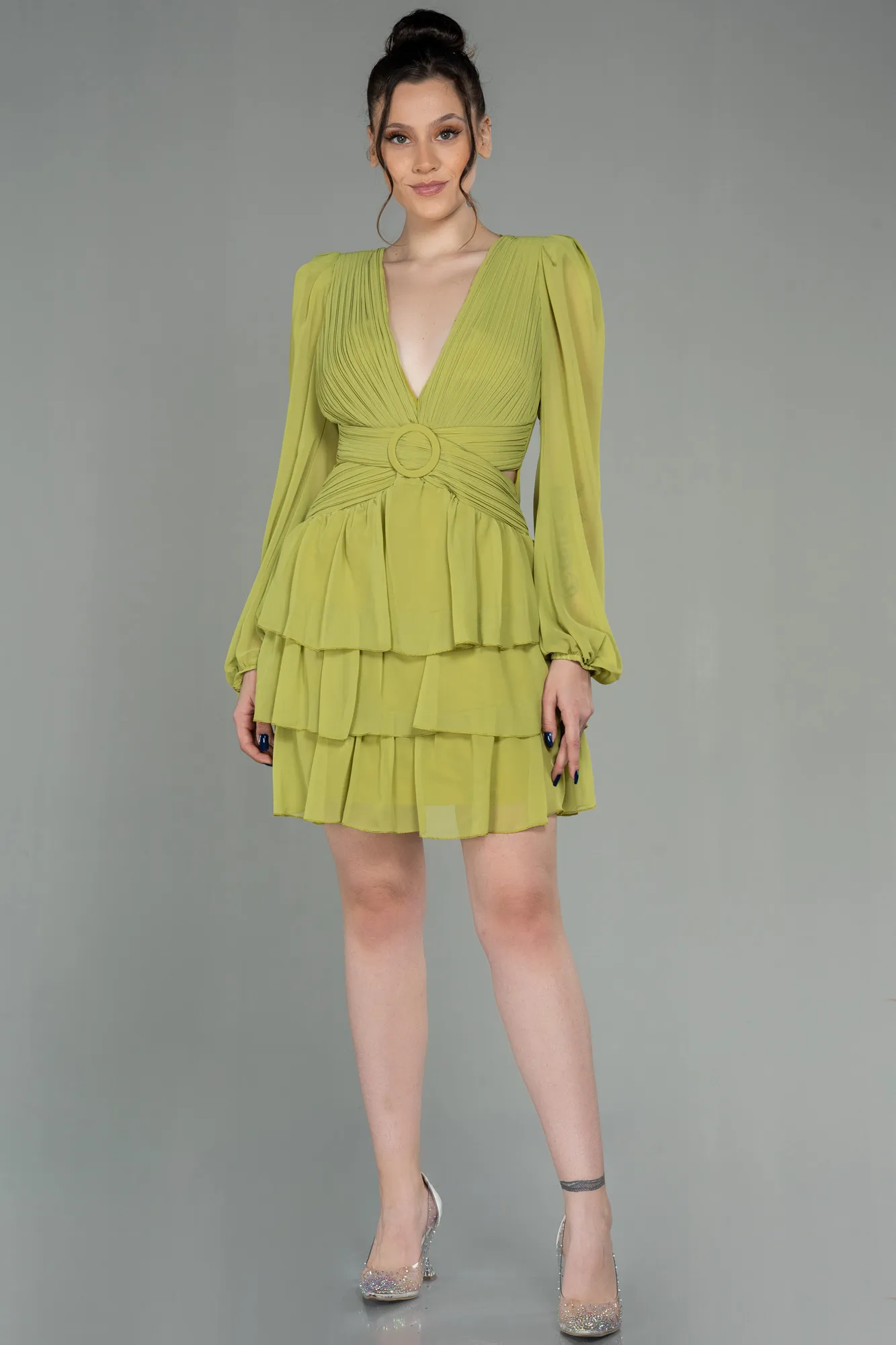 Pistachio Green-Mini Chiffon Invitation Dress ABK1899