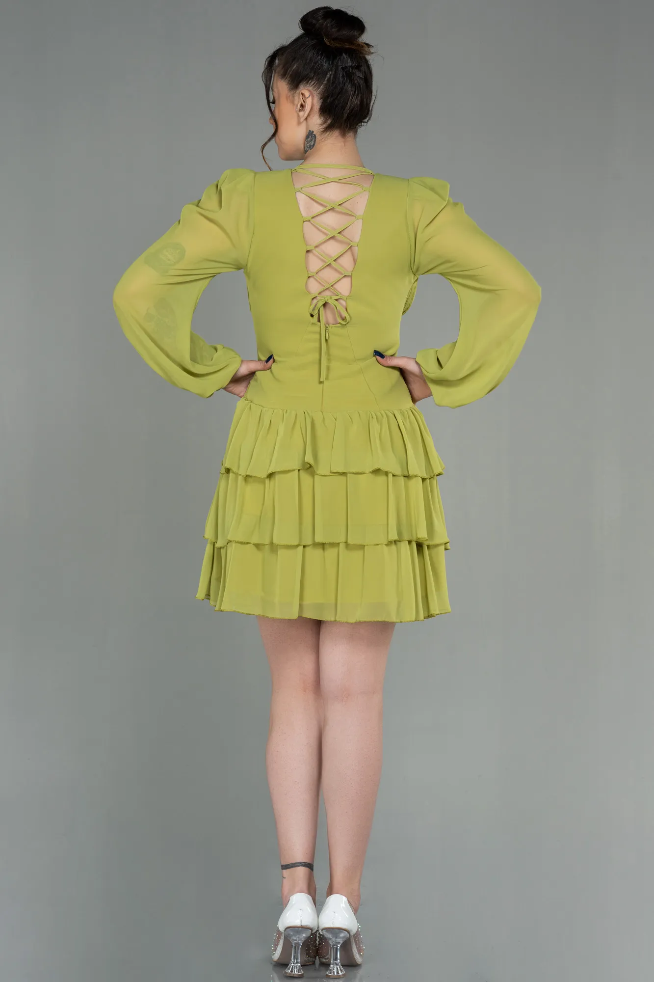 Pistachio Green-Mini Chiffon Invitation Dress ABK1899