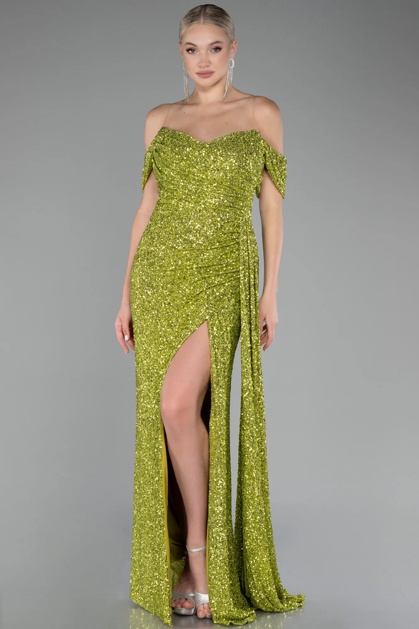 Pistachio Green-Off Shoulder Boat Neck Slit Sequined Long Evening Gown ABU4074